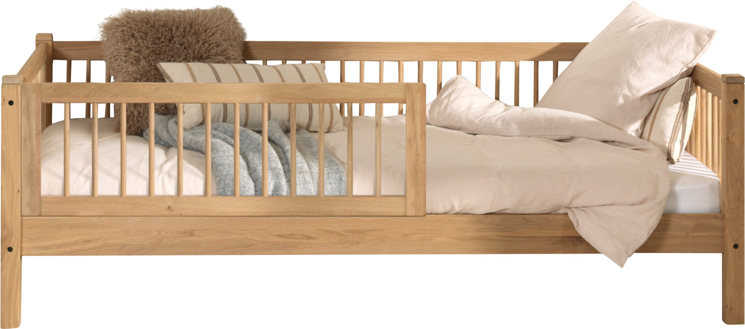 Home affaire Daybett Forrest 90/200 aus massiver Eiche, Oberfläche geölt, stabil gebaut, mit Sprossenumrandung, Rausfallschutz vorne, ohne o. mit Bettschublade