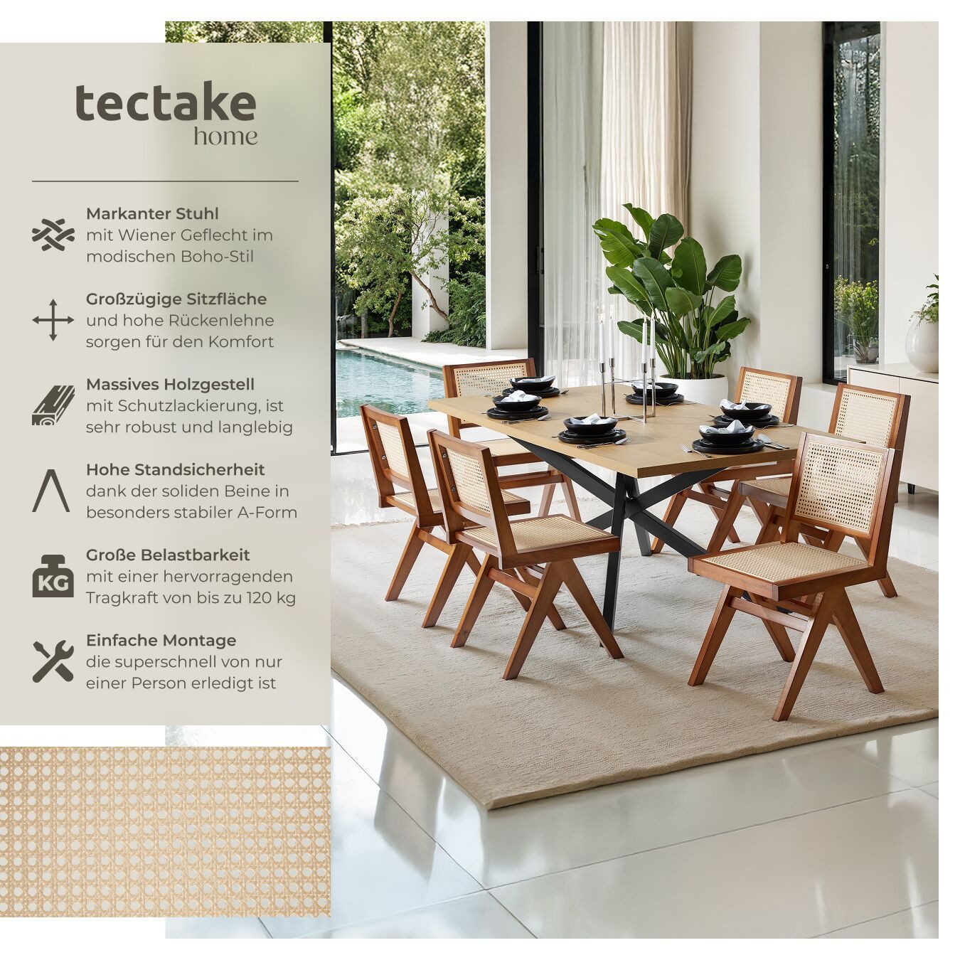 tectake Esszimmerstuhl Holzstuhl Lissy mit Wiener Geflecht im Boho-Stil (Se günstig online kaufen