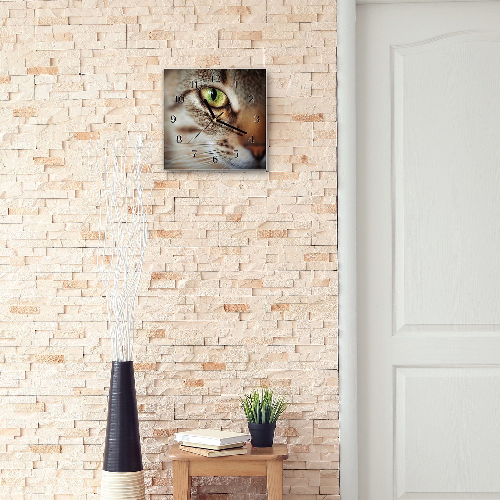 mit x Größe getigerter Gesicht Katze Wanduhr Wanduhr cm von 30 Motiv Primedeco Wandkunst 30 Glasuhr