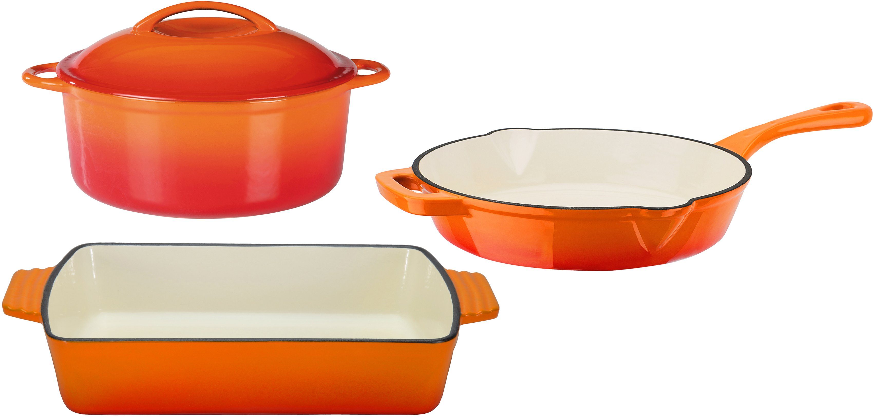 GSW Topf-Set Orange Shadow, Gusseisen (Set, 4-tlg., 1x Kochtopf Ø 24 cm, 1x Bratpfanne Ø 26 cm, 1 Auflaufform 35x 21 cm), Induktion