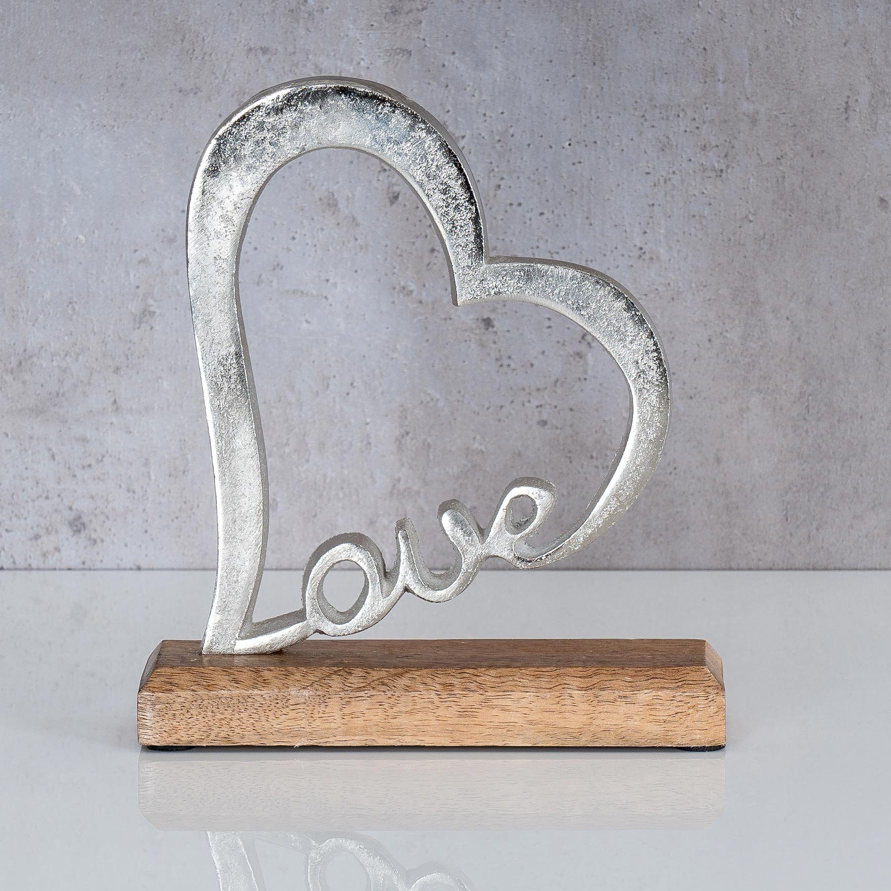Levandeo® Deko-Schriftzug, Aufsteller Herz Metall Silber Holz Love Mango H20cm Schriftzug