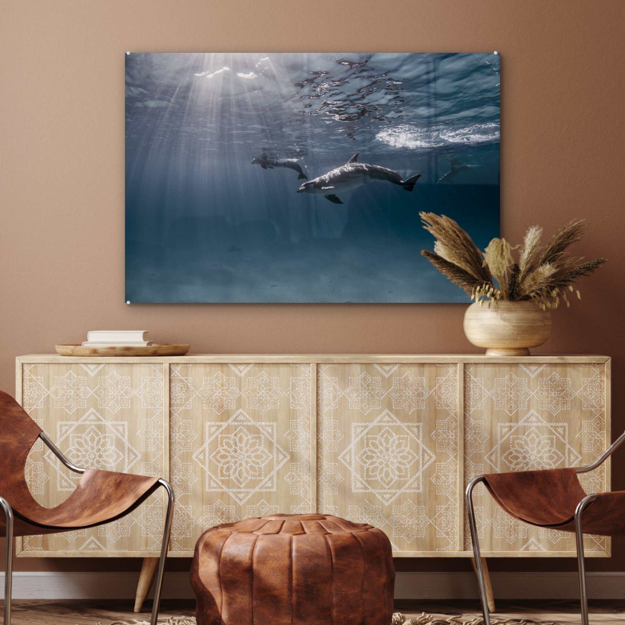 St), Sonne - (1 MuchoWow Meer, Acrylglasbild Schlafzimmer & - Wohnzimmer Delfin Acrylglasbilder