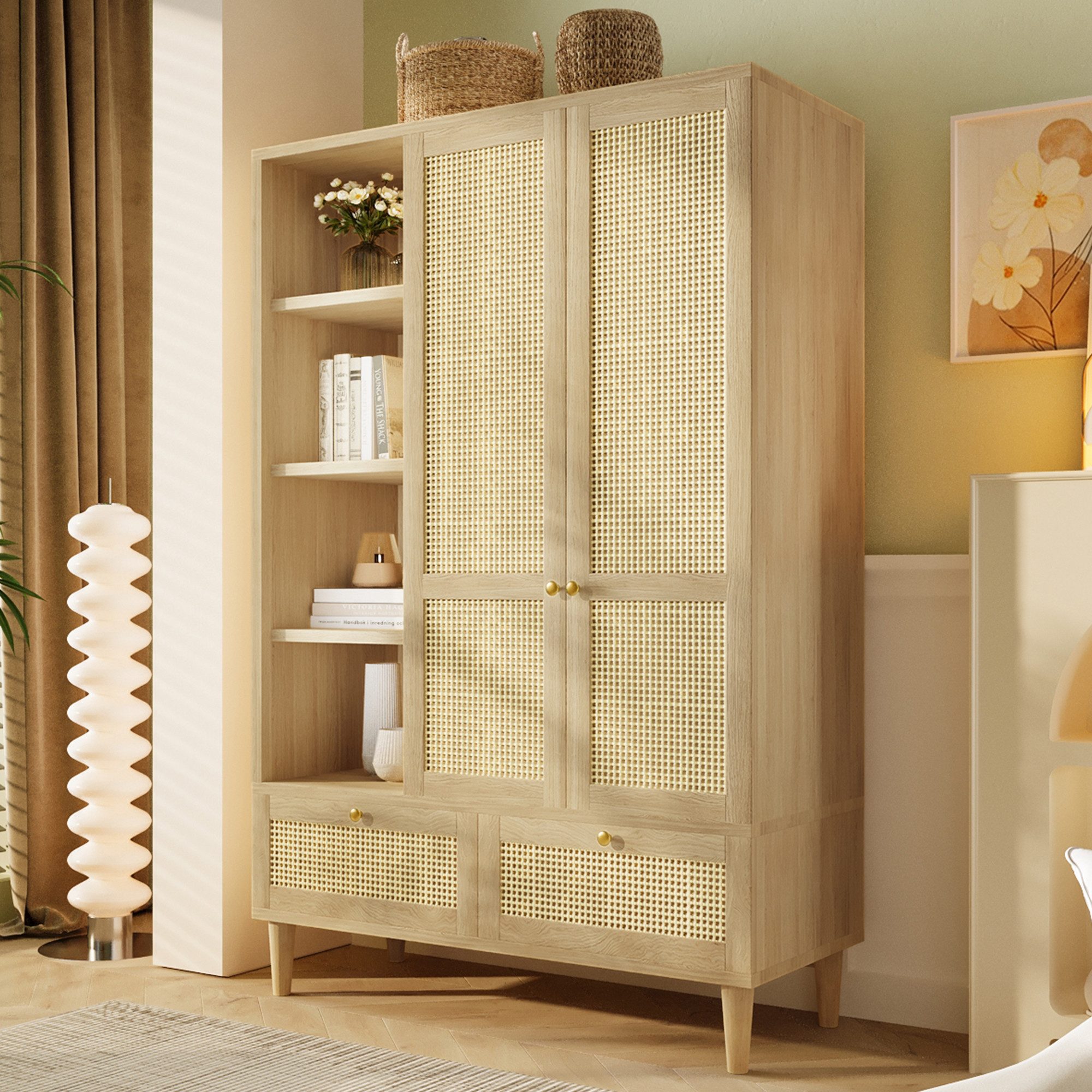 HAUSS SPOLE Kleiderschrank Landhausstil mit Regalfächer&Kleiderstange,Garderobenschrank Eiche (Packung, 1-St., mit Kleiderstange, Eicheoptik, Kippsicherung) mit 2 Türen und 4 offenen Fächern