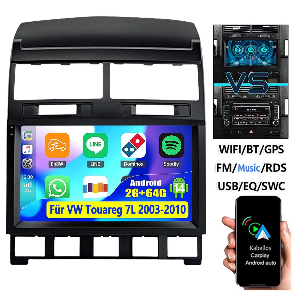 ESSGOO 9'' Autoradio Mit GPS Android 15 und CarPlay für VW Touareg 2003–2010 Autoradio (RDS, 4+64GB(optional), Digitalradio (DAB), FM, AM, Carplay Android Auto Bluetooth EQ USB GPS Navi WIFI Touchscreen)