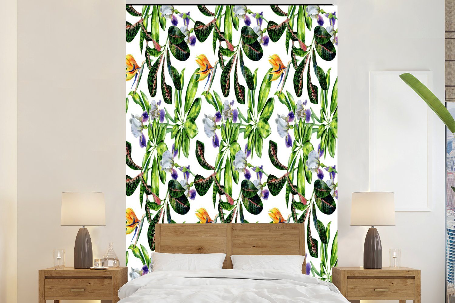 MuchoWow Fototapete Paradiesvogelpflanze - Blumen Montagefertig bedruckt, St), für Muster, Vinyl (3 Wandtapete Matt, Wohnzimmer, - Tapete