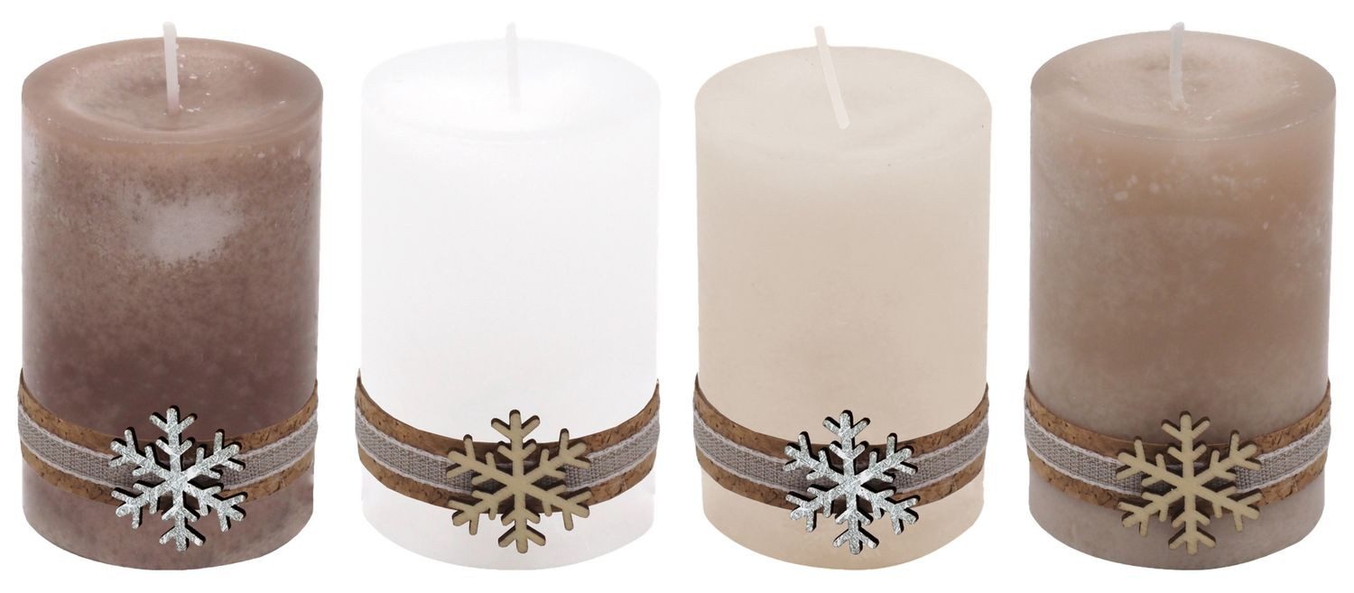 ZauberDeko Stumpenkerze 4 Adventskerze Stumpenkerze Holz Schneeflocke Weihnachten Advent Deko