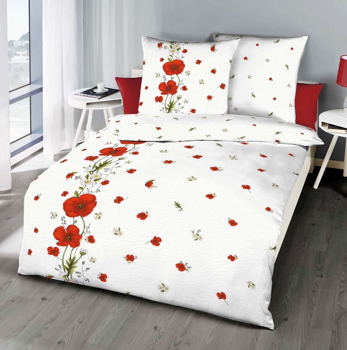 Kaeppel Bettwäsche Kaeppel Seersucker Bettwäsche 135x200cm Red Poppy Mohn Rot Weiß, Microfaser, 2 teilig, feine "Baby-Rippe", mit Reißverschluss atmungsaktiv und pflegeleicht