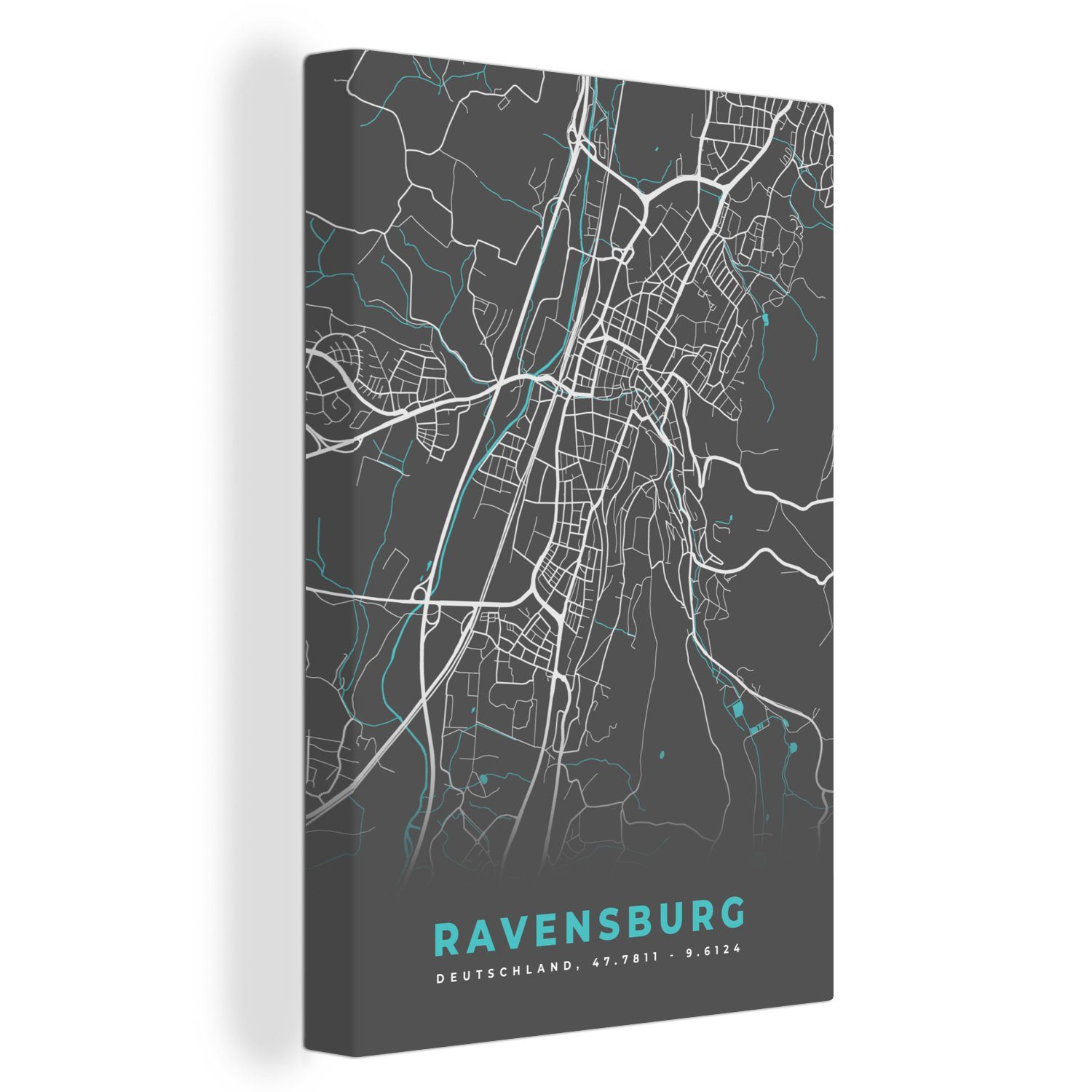 Leinwandbild inkl. 20x30 - Stadtplan Blau OneMillionCanvasses® Deutschland, - cm Ravensburg - Gemälde, bespannt Leinwandbild - Karte St), (1 fertig Zackenaufhänger,