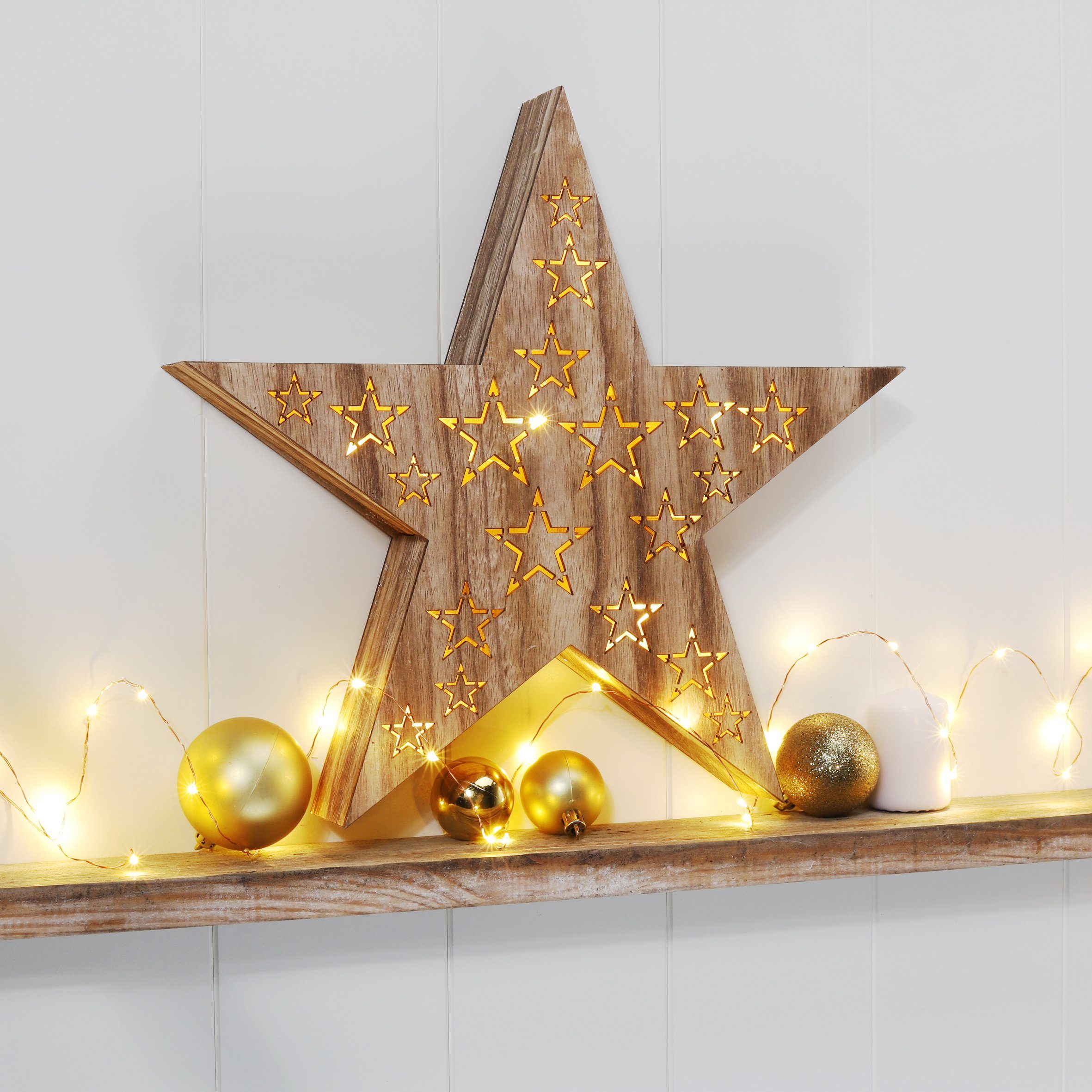HI LED-Dekofigur LED Weihnachtsstern aus Holz und Kunststoff, Batteriebetrieben, 3 Verschiedene Motive