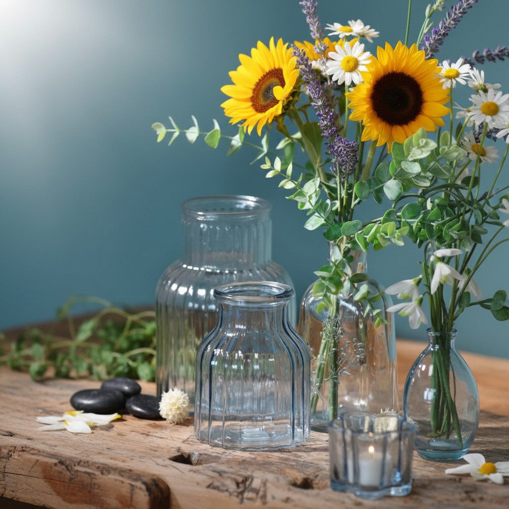 Florists Products Tischvase Blumenvase Glas Rillen Design Blau Retro Tischdeko Ø11cm, 2 Stück