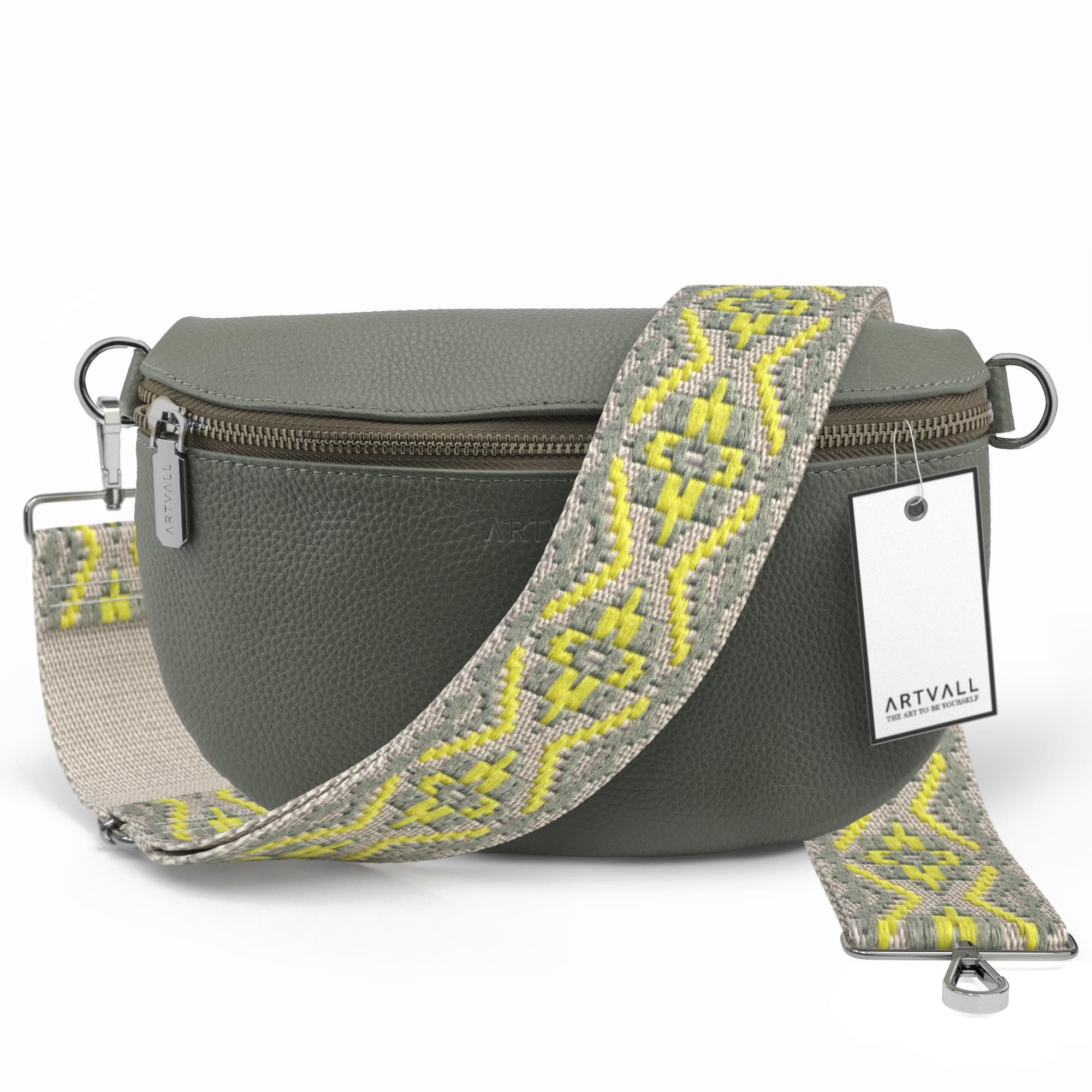 ARTVALL Umhängetasche Echtleder Handtasche Damen Brusttasche Grau Grün (Tasche inkl. Taschenband), Leder Bauchtasche klein breiter Schulterriemen abnehmbarer Taschengurt
