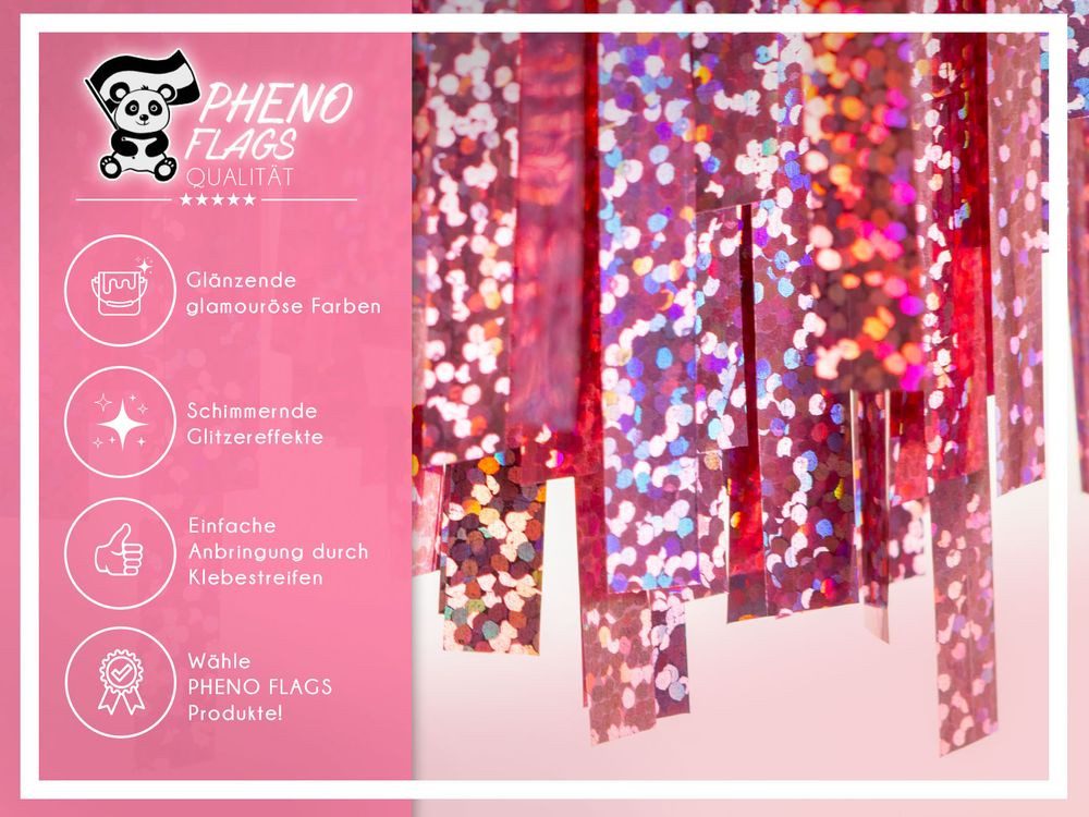 PHENO FLAGS Flagge 2 Stück Lametta Vorhang - Deko, Lametta Girlande für Ihre Party, Funkelnden Metallic-Look in rosa