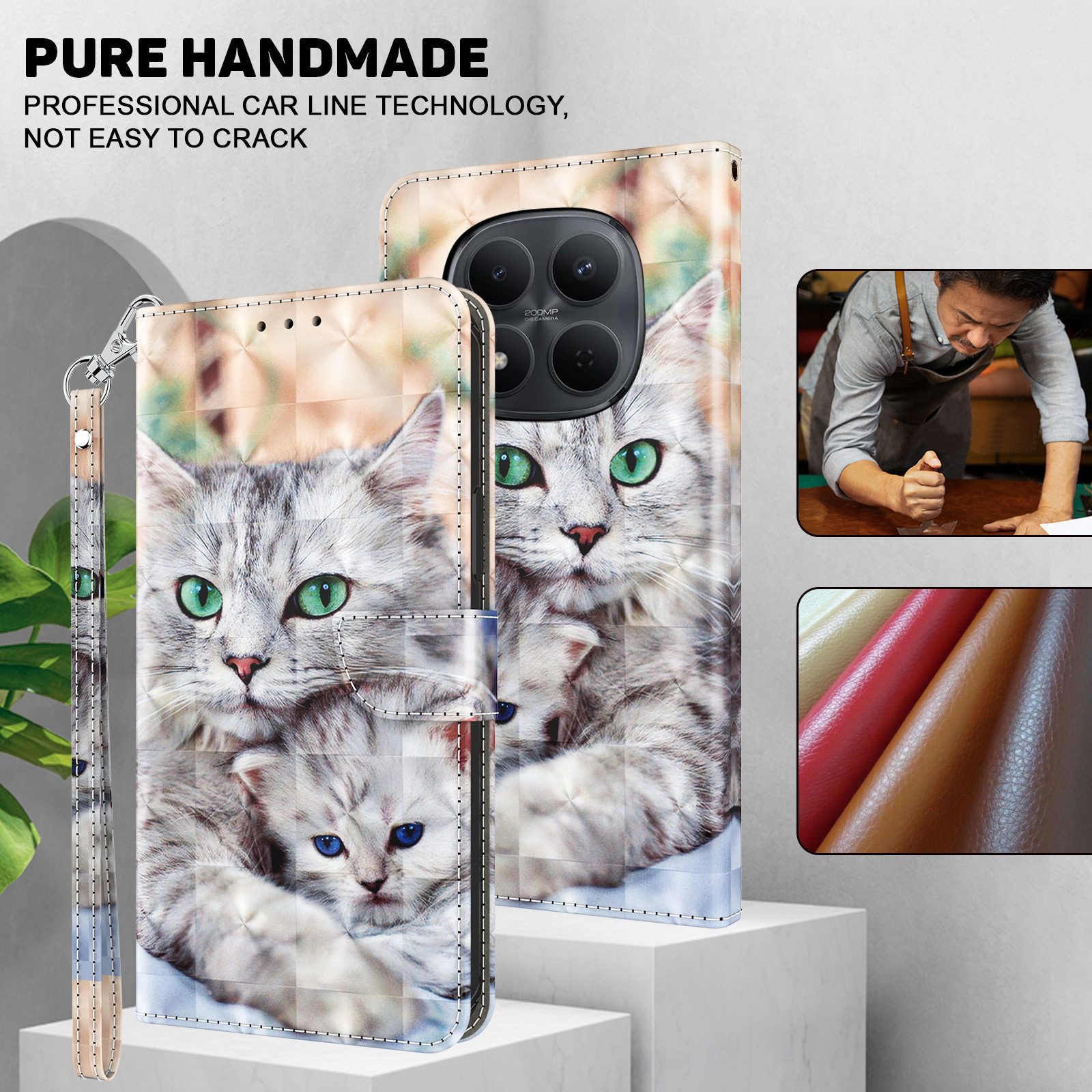 CLM-Tech Handytasche für Xiaomi Redmi Note 15 Pro 5G 6,83 Zoll Klapphülle aus PU Leder (Katze und Kätzchen, 1-tlg., Flip Case), Magnetverschluss, Standfunktion  – Bild 5 von 5