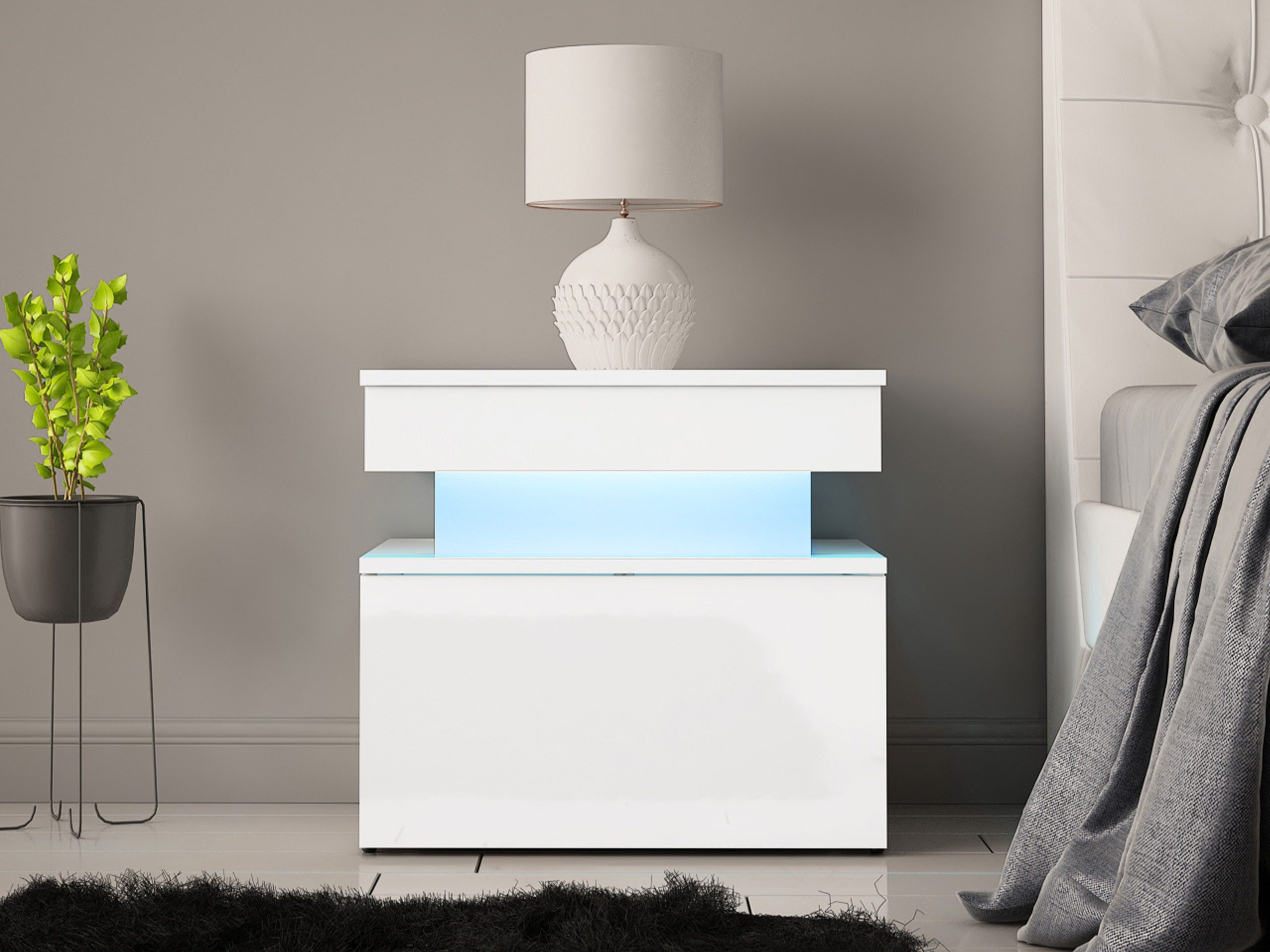 MIRJAN24 Nachttisch 1S Glossa (mit Schublade), mit blauer LED-Beleuchtung