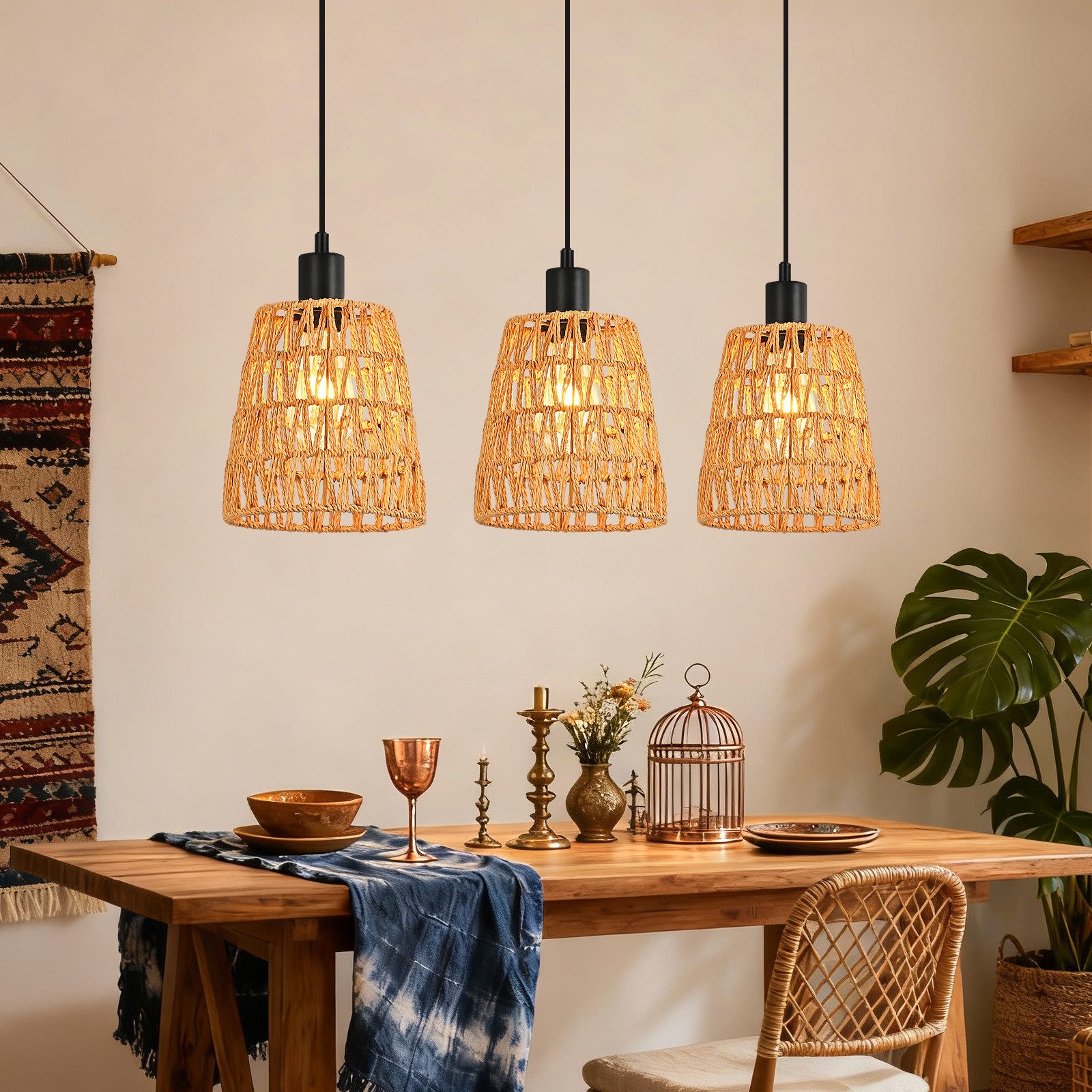 ZMH Pendelleuchte Esstisch, 1/3-flammig, Hängeleuchte mit geflochtenem Papierschirm, bis 120 cm höhenverstellbar, ohne Leuchtmittel, E27, Boho Vintage