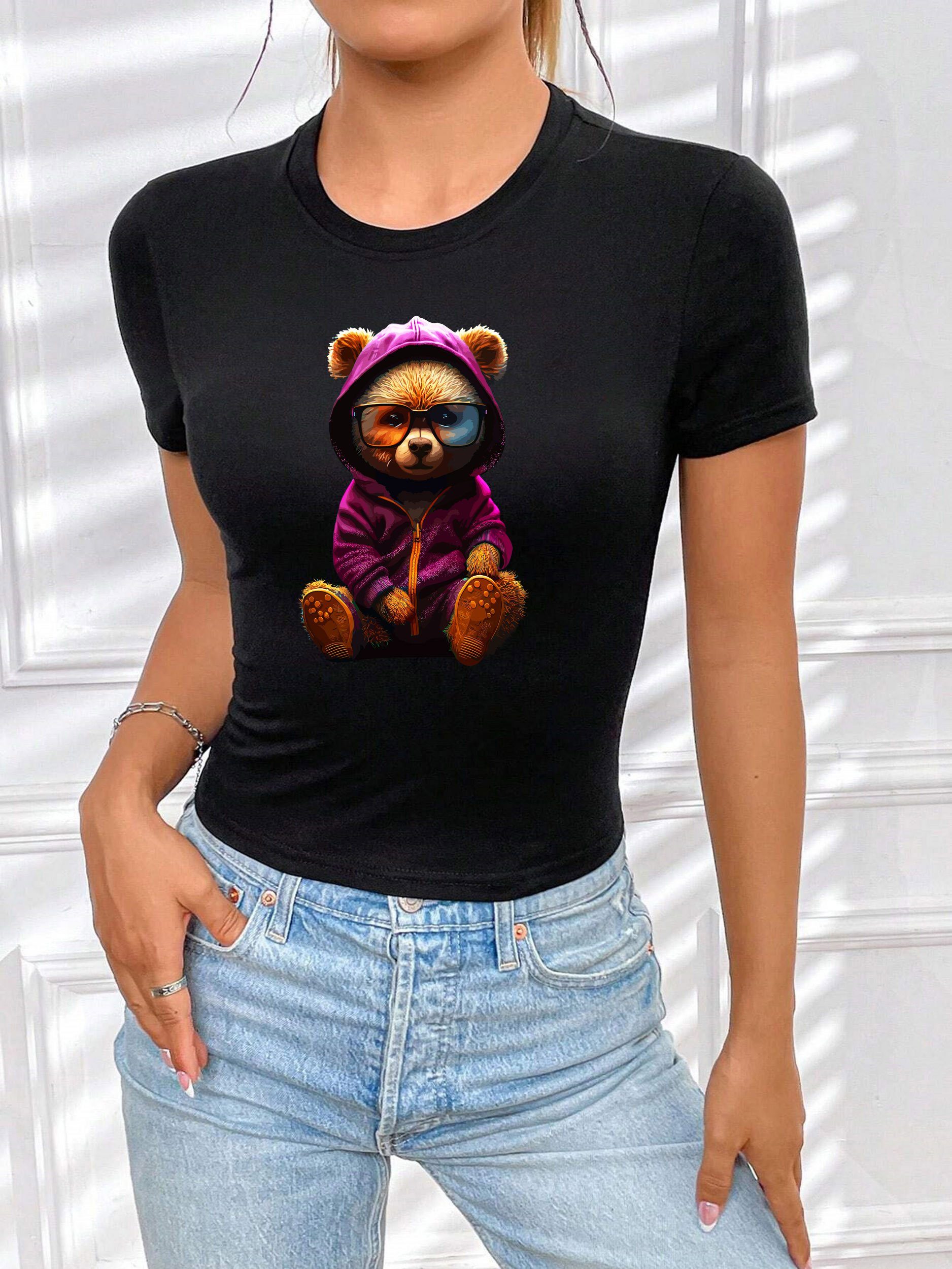 RMK Print-Shirt Damen T-Shirt Top Sommer Rundhals süßer Teddybär Bär Brille mit lizenziertem Originaldesign, aus Baumwolle, Unifarbe Schwarz-Lila