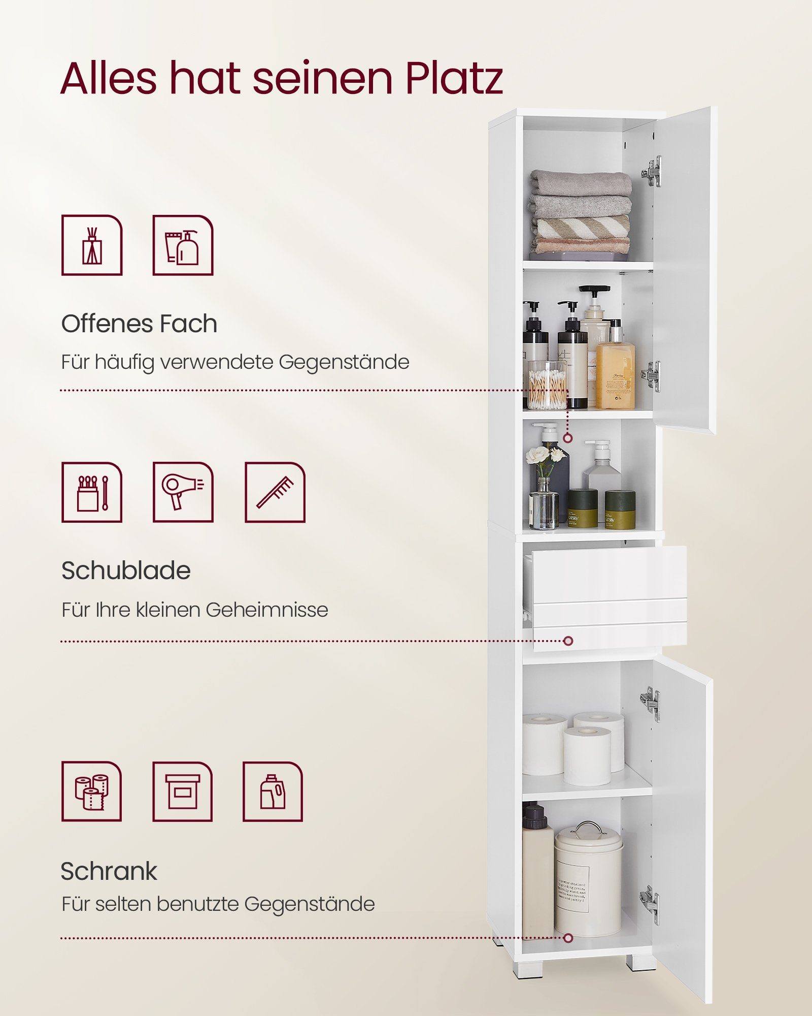 VASAGLE Badkommode Badezimmerschrank Badschrank verstellbare Ablagen, 30 x 30 x 170 cm, mit Einer Schublade, Badezimmermöbel, offenes Fach – Bild 3 von 5