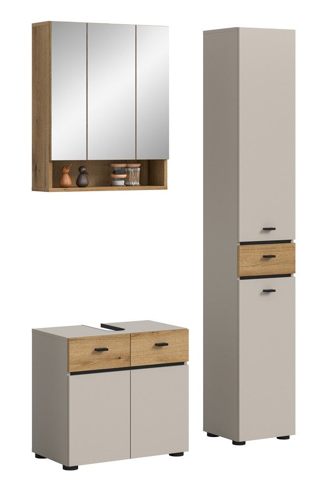Badmöbel-Set Badkombination Bad Set Aqua, 3-teilig, Kaschmir / Evoke Oak ohne