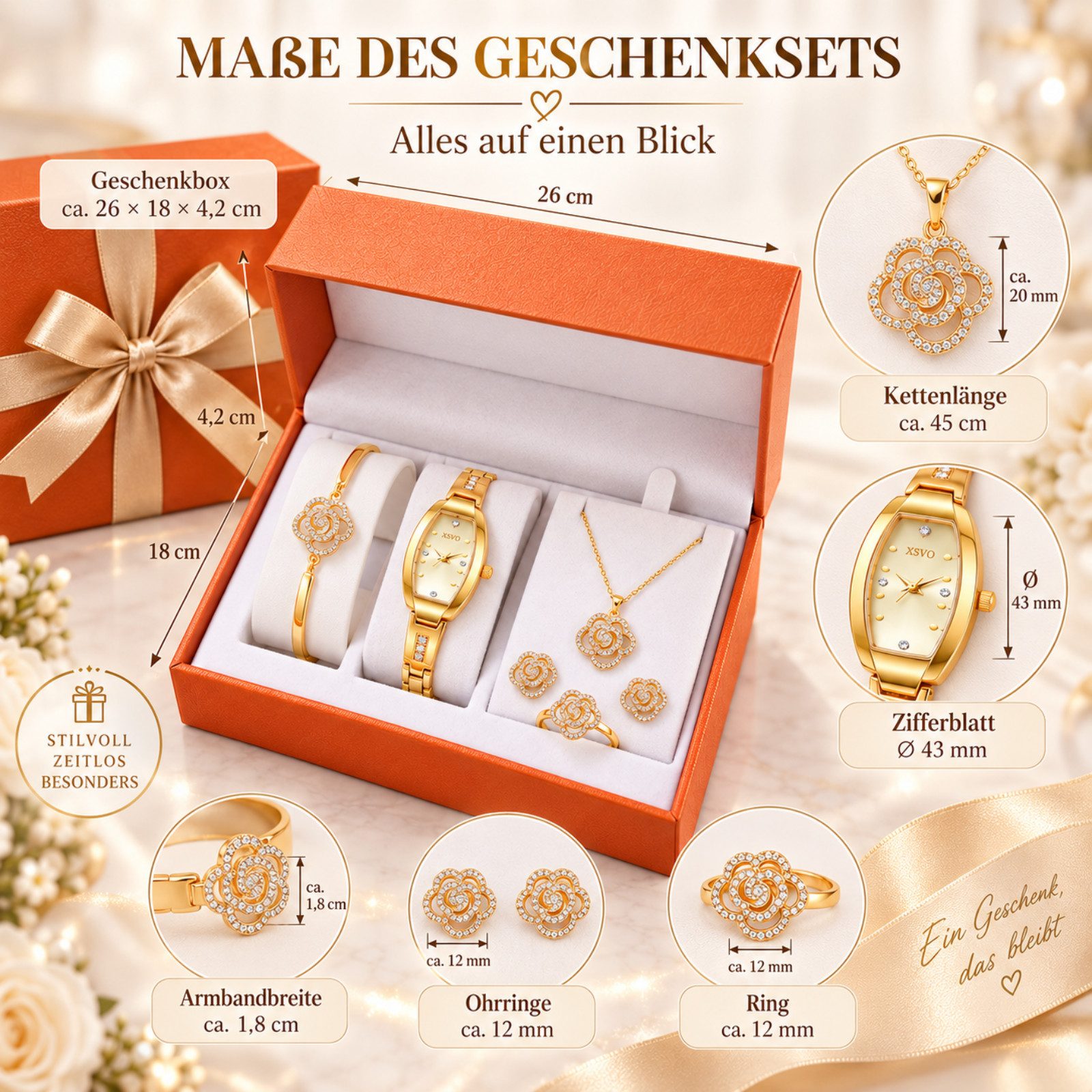 Luckice Quarzuhr Damen Uhr Schmuck Set,Geschenk für Frauen, (mit Geschenkbox & Uhrenarmband-Kürzer, goldfarbenes Damenuhr Set mit Halskette, Armband, Ring & Ohr – Bild 2 von 5