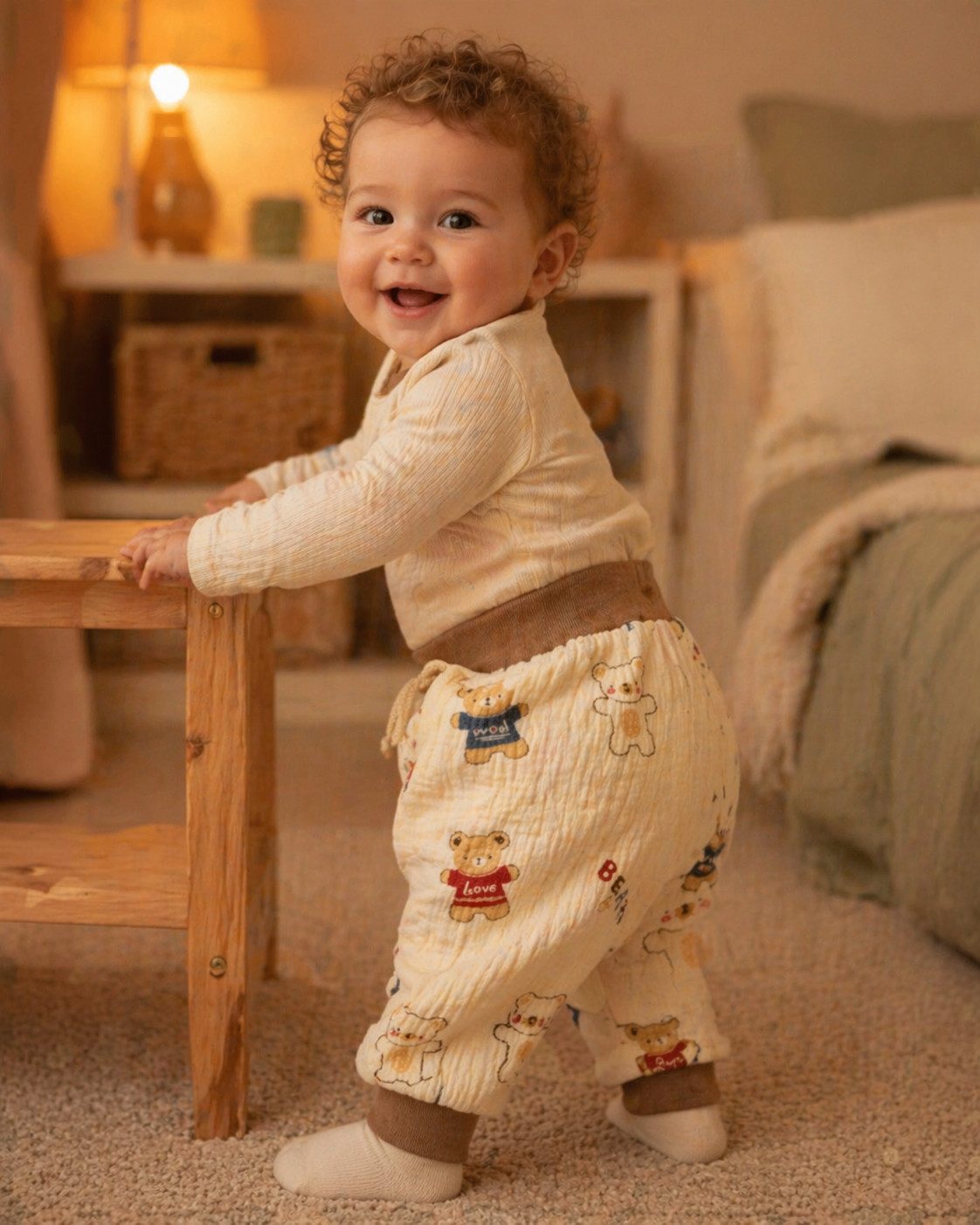 La Bortini Schlupfhose Baby Hose sommerliche Erstlingsshose aus Musselin, neutral (Hose für Neugeborene Jungen und Mädchen) aus Baumwolle, mit Bärchen-Muster, 44 50 56 62 68 74 80 86