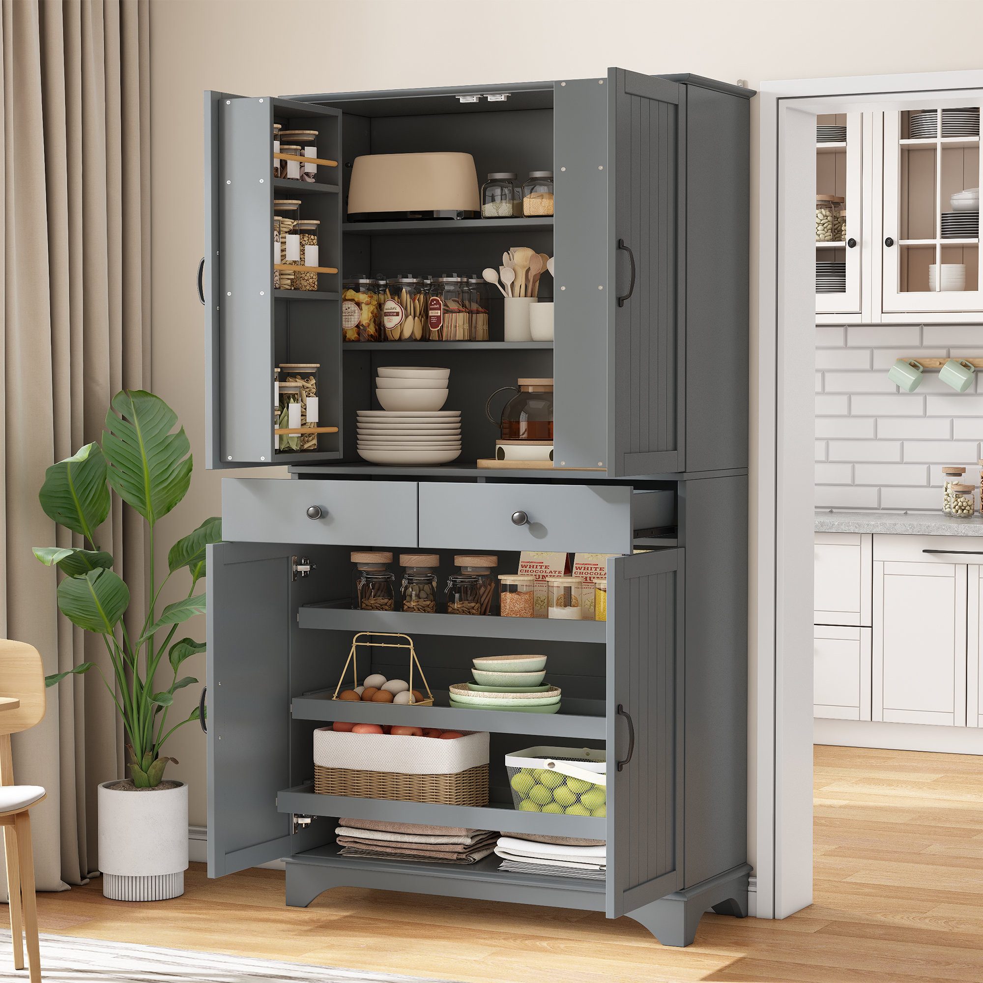 Odikalo Hochschrank Bücherregal Mehrzweckschrank,ausziehbare Regalböden (Obere Fächer: verstellbare Böden. Mittlere: 2 Schubladen. Unteres Fach: ausziehbarer Boden (vollständig herausnehmbar). Kühlschranktüren mit innenliegenden Ablagen. Vertikale Türstruktur)