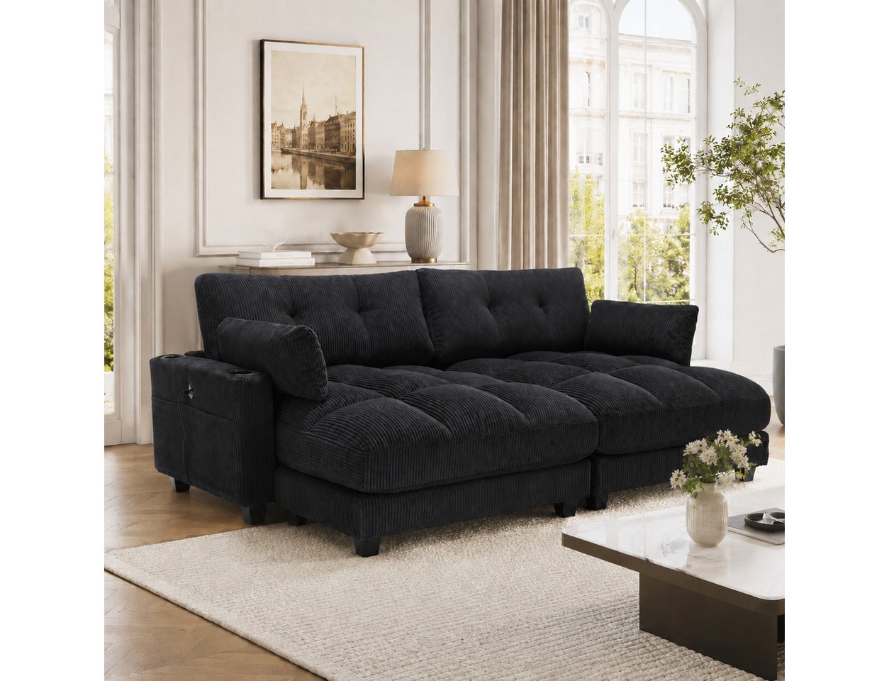Celya Sofa 2-Sitzer, teilbar in 2 Einzelsitze, mit 2 Kissen, mit 4 Getränkehaltern, 4 Seitentaschen, USB-Ladeanschlüssen an den Armlehnen