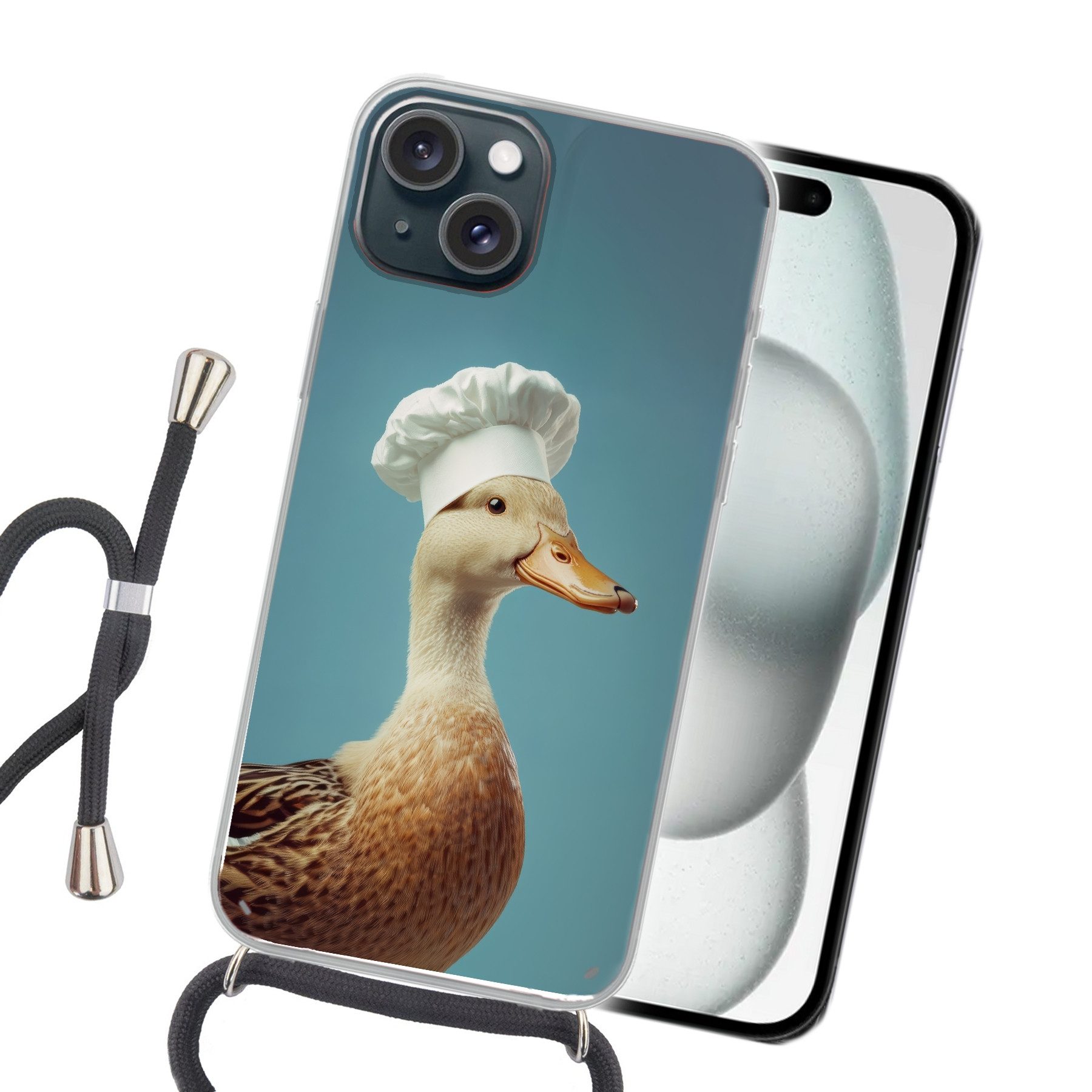 MuchoWow Handyhülle für Apple iPhone 15 Plus Ente - Kochmütze - Niedlich - Vogel, Tragbare Handyhüllen mit Kette zum umhängen, Handykette Handyband