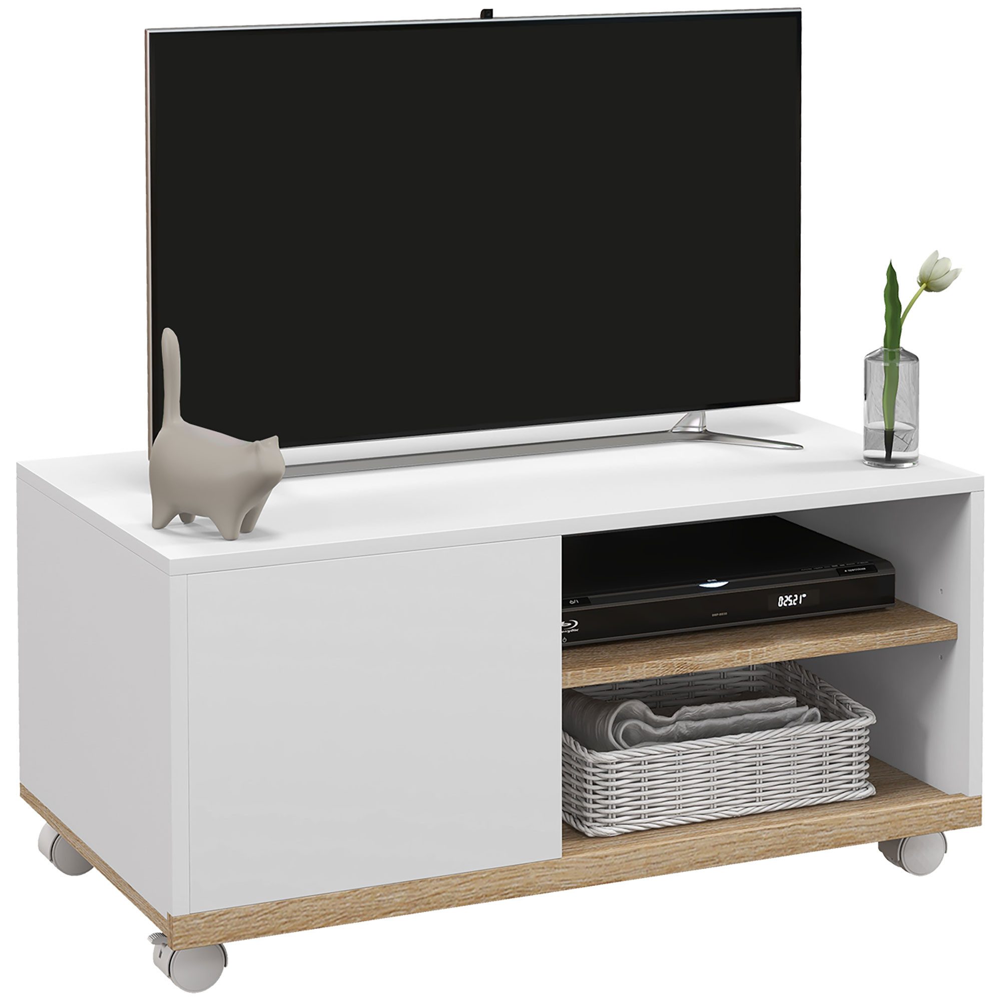 Nettlife TV-Schrank auf Rollen 2 Bremsen 2 Nischen Schranktür 2 Kabeldurchlässen Weiß für Wohnzimmer Schlafzimmer Spielzimmer TV-Board auf Rollen