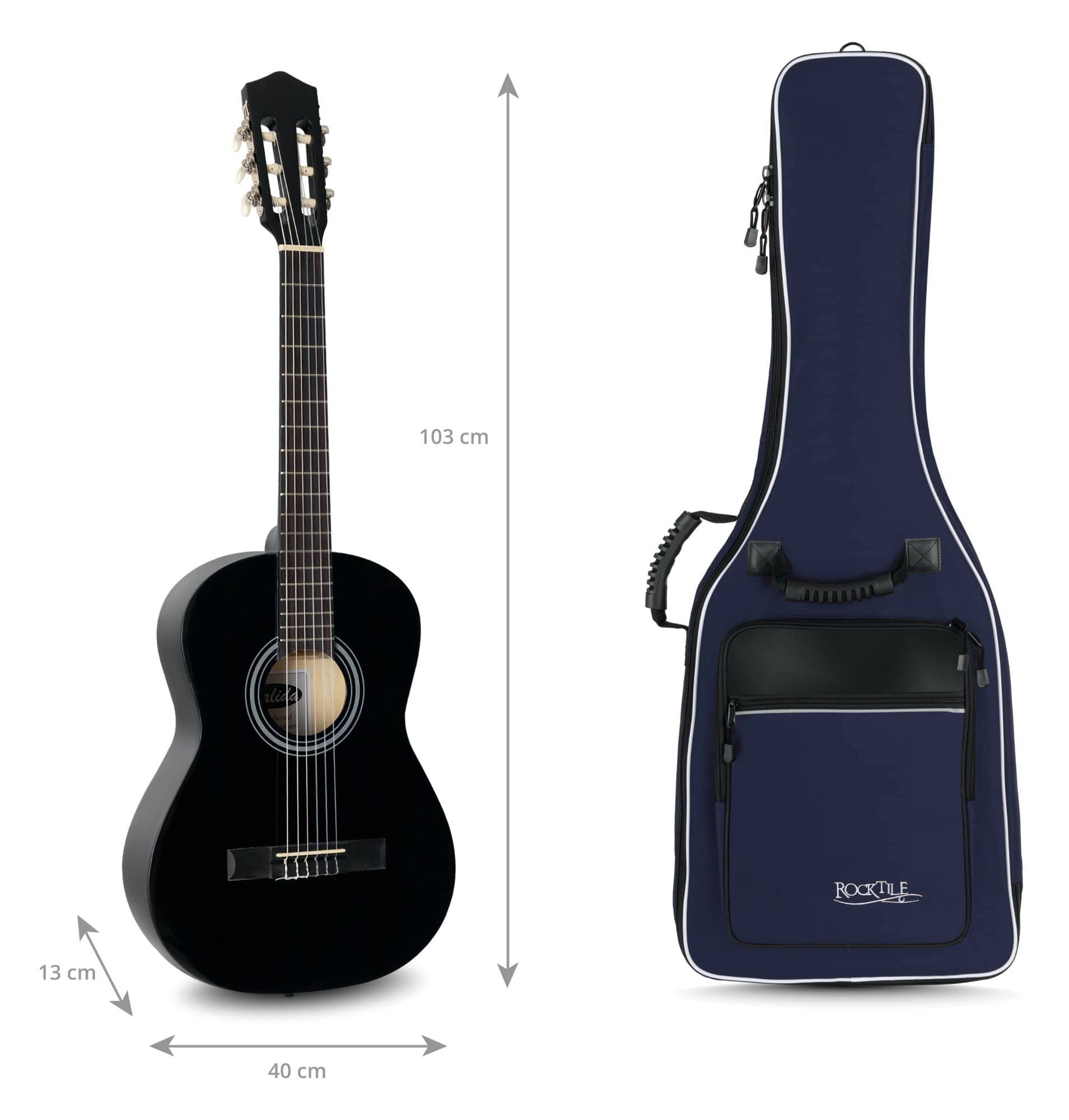 Rocktile Gitarrentasche Klassik-Gitarrentasche 4/4-Größe (Gigbag mit weicher Polsterung, inkl. 2 Fronttaschen für Noten/Zubehör), Ergonomisch geformter Komfort-Griff