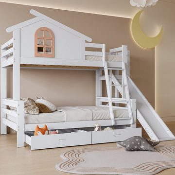 Flieks Etagenbett, Kinderbett mit Rutsche, Leiter und zwei Schubladen, 90x200cm+120x200cm