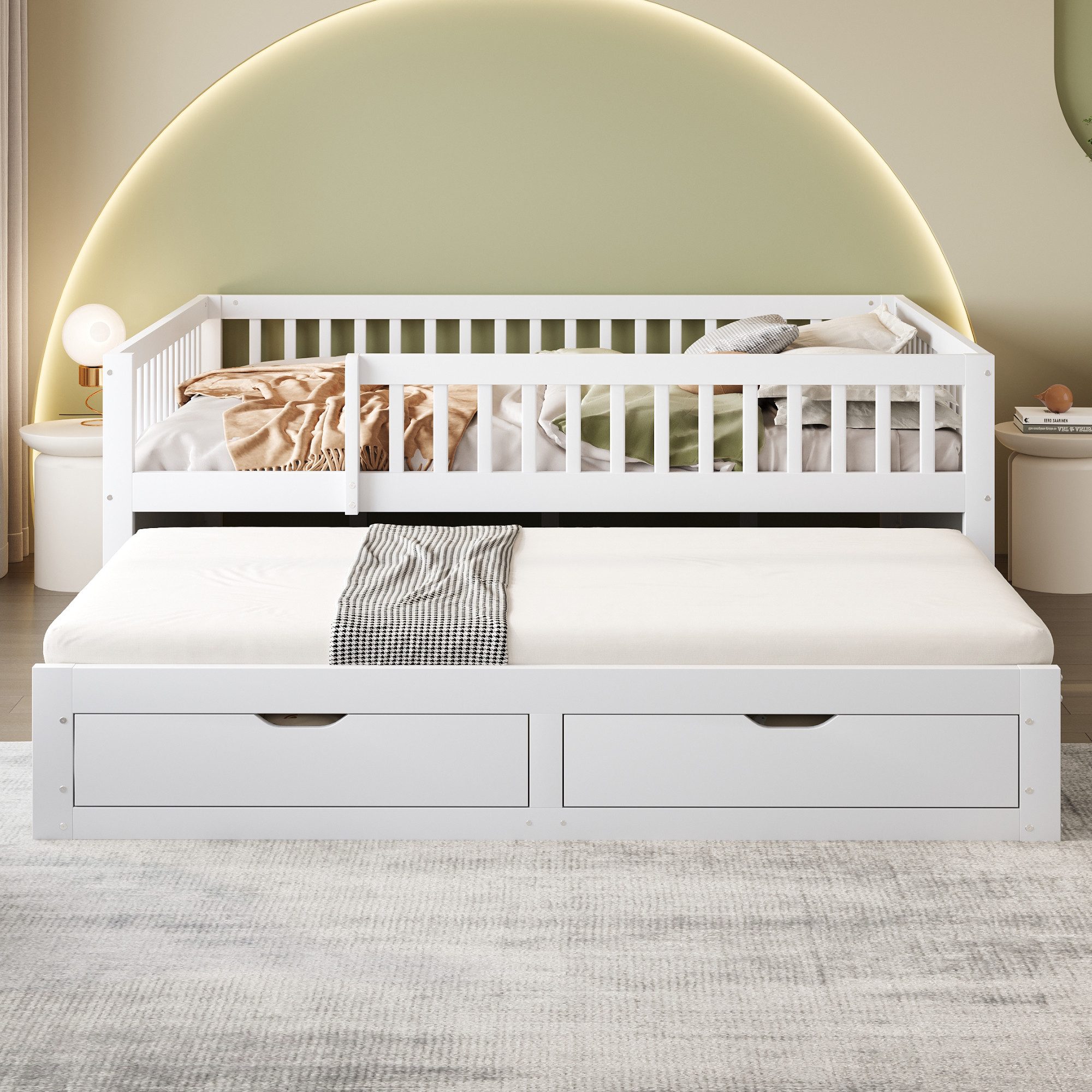 Flieks Kinderbett, Holzbett Daybett 140x200cm mit Ausziehbett 90x190cm und günstig online kaufen