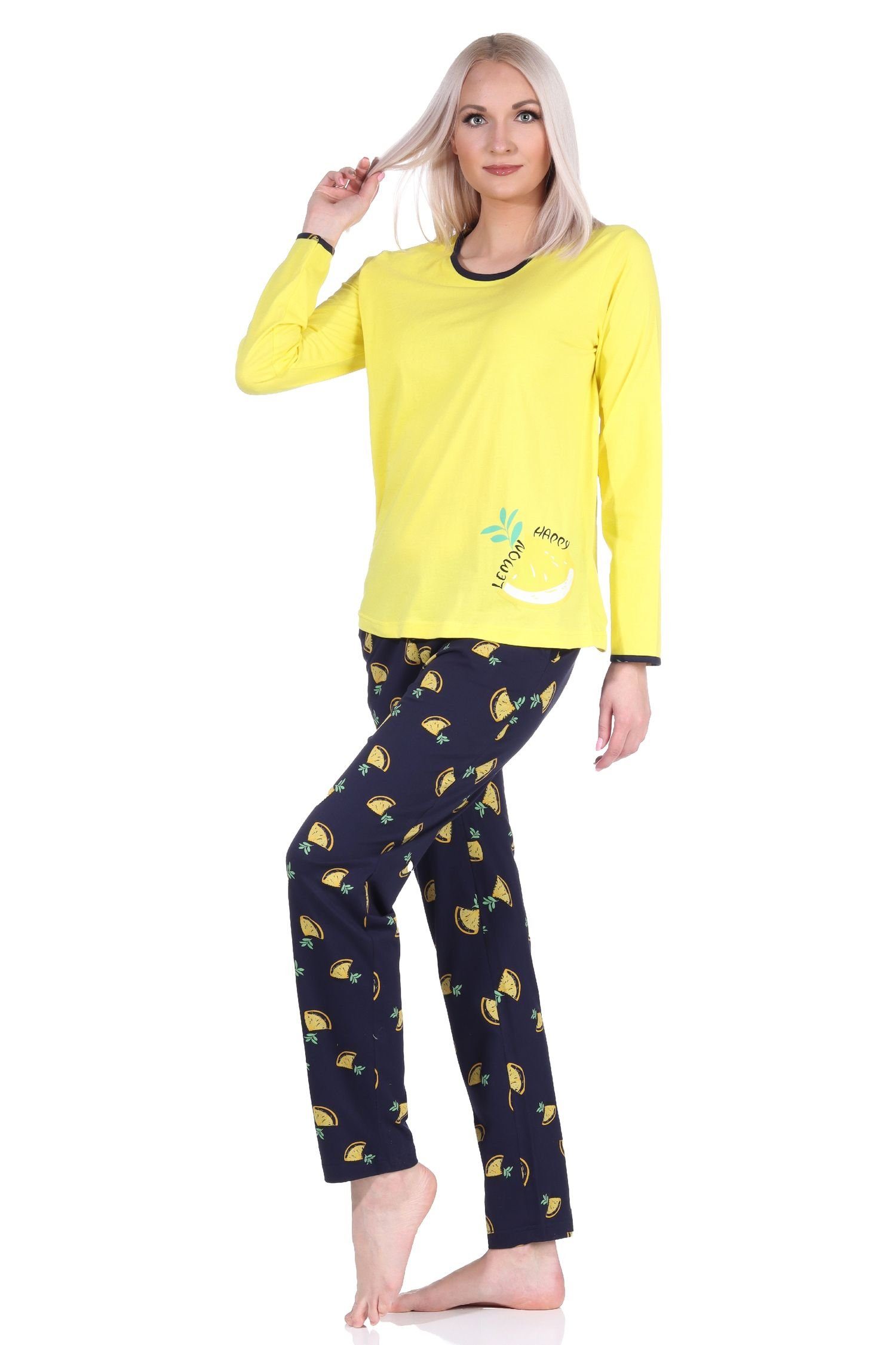 Normann Pyjama Süsser Damen Schlafanzug langarm Pyjama mit Zitronen als Motiv gelb