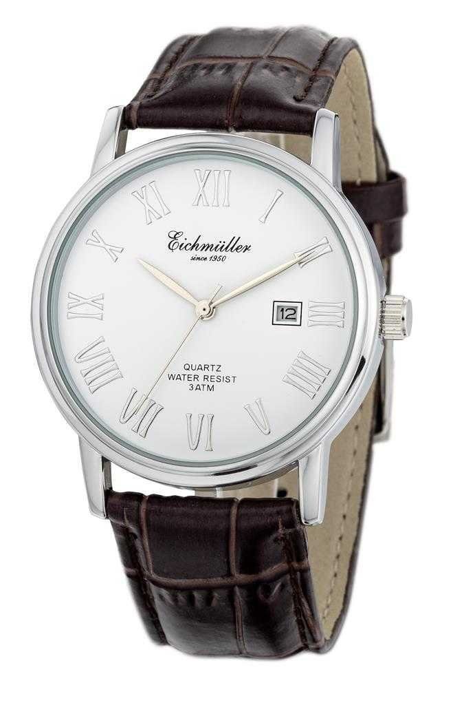 Eichmüller Quarzuhr Herrenuhr - Weißes Zifferblatt, braunes Lederarmband, 39 mm - 7048-02, Elegante Analoguhr für Herren