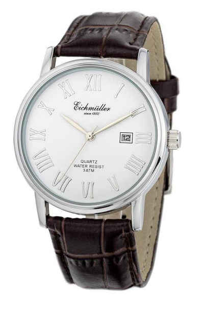 Eichmüller Quarzuhr Herrenuhr 7048-02 Braun Weiss Lederband 39 mm