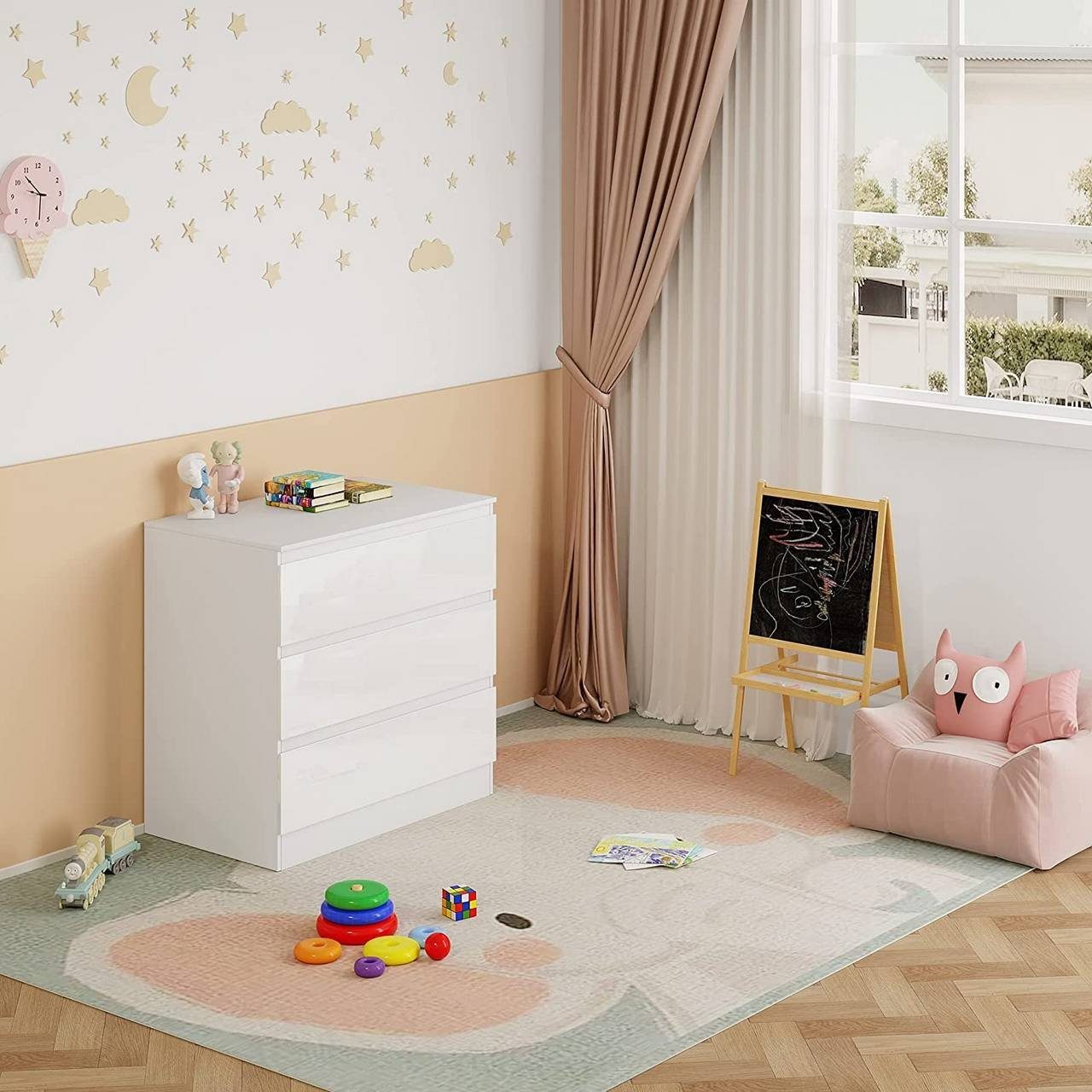 Woltu Wickelkommode, mit 3 Schubladen platzsparend 80x78x48cm, Hochglanz Weiß