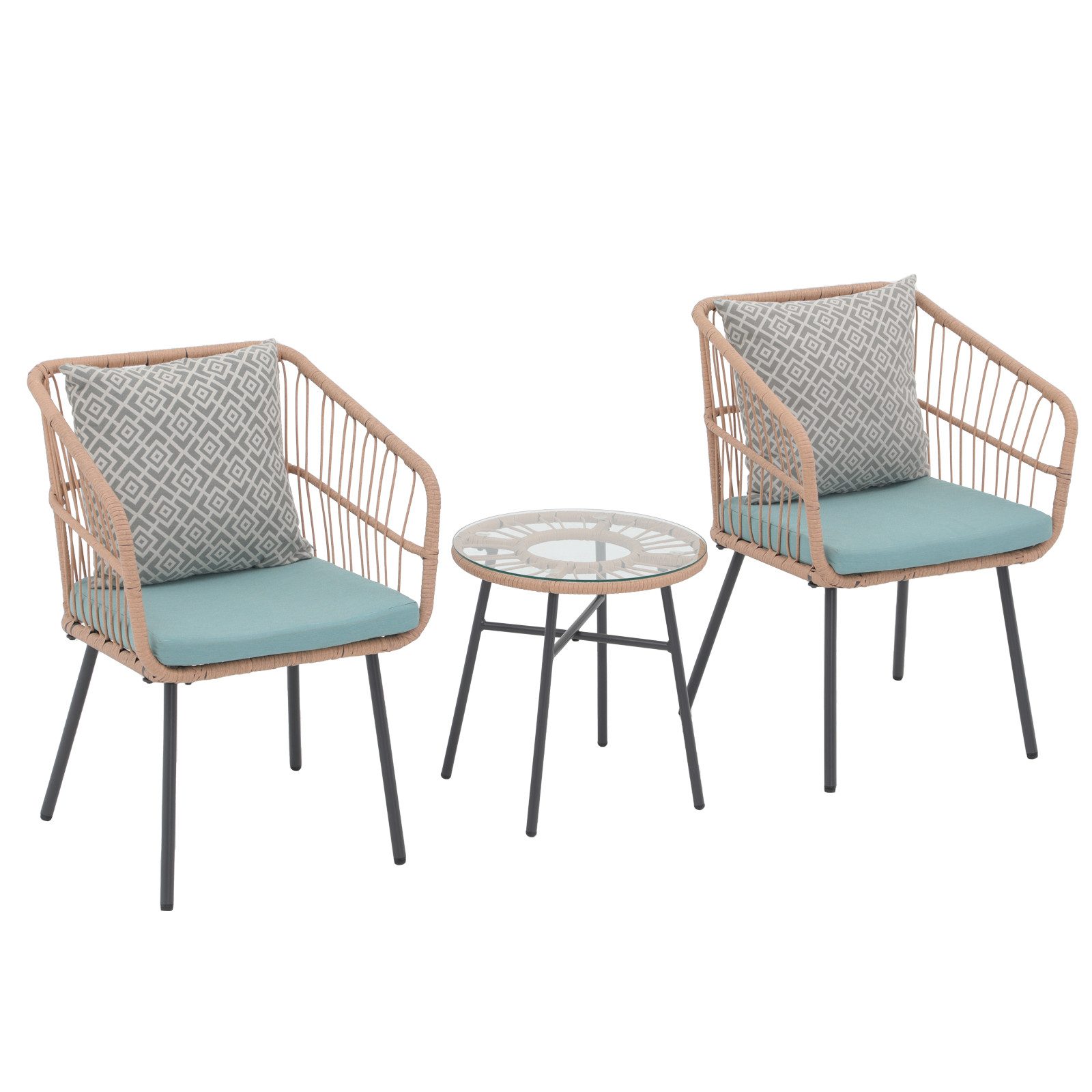 JOIVI Bistrostuhl Outdoor 3-tlg Bistro Set (Wetterfeste Rattan Gartensofa Set mit 2 Stühle und Beistelltisch), für Veranda, Garten, Balkon, Turquoise(Kissen)
