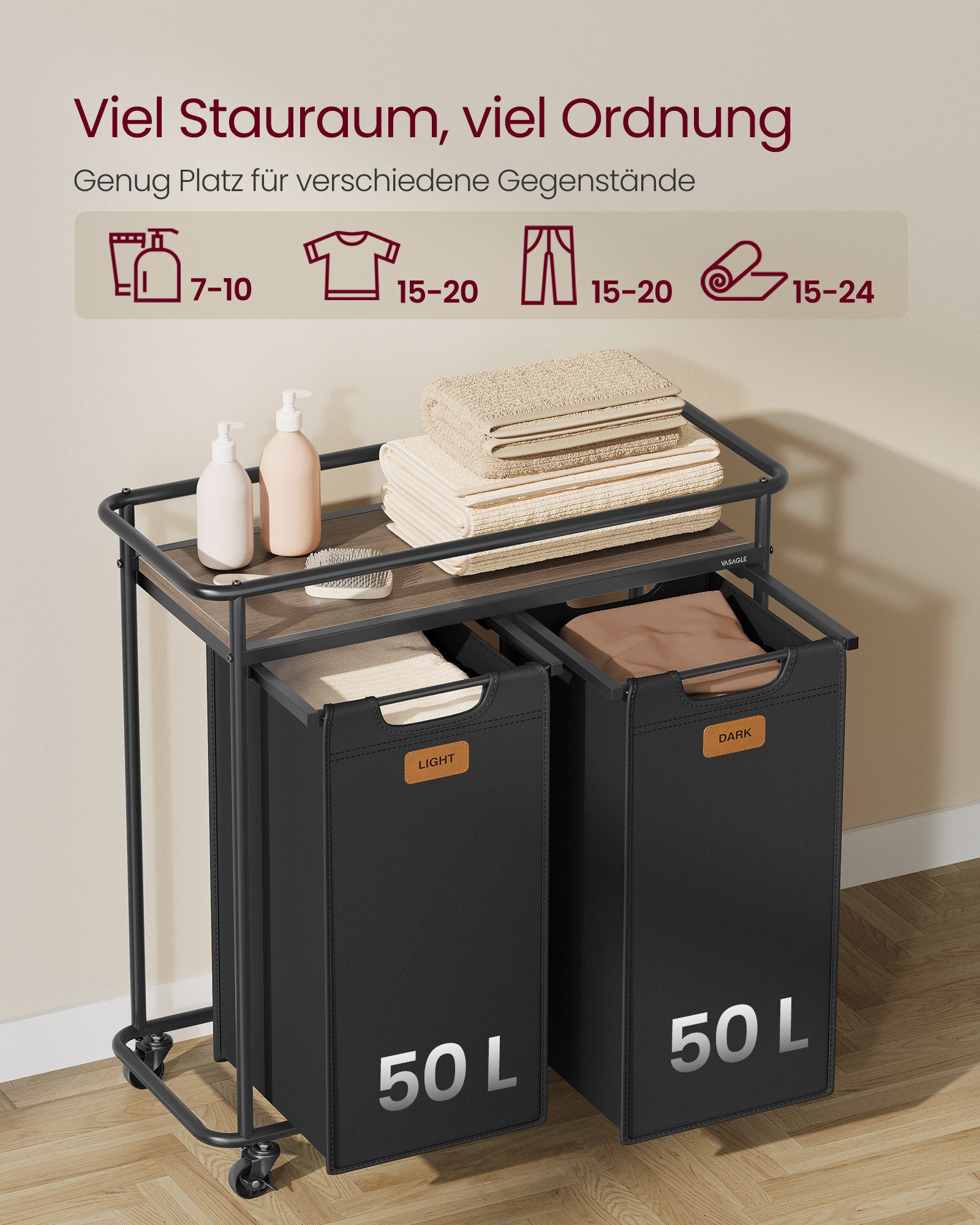 VASAGLE Wäschetruhe mit Rollen, Wäschekorb 2 Fächer, 100 L, 6 Etiketten, Waschküche, Wäschesortierer mit Ablage, Wäschewagen, abnehmbare Taschen
