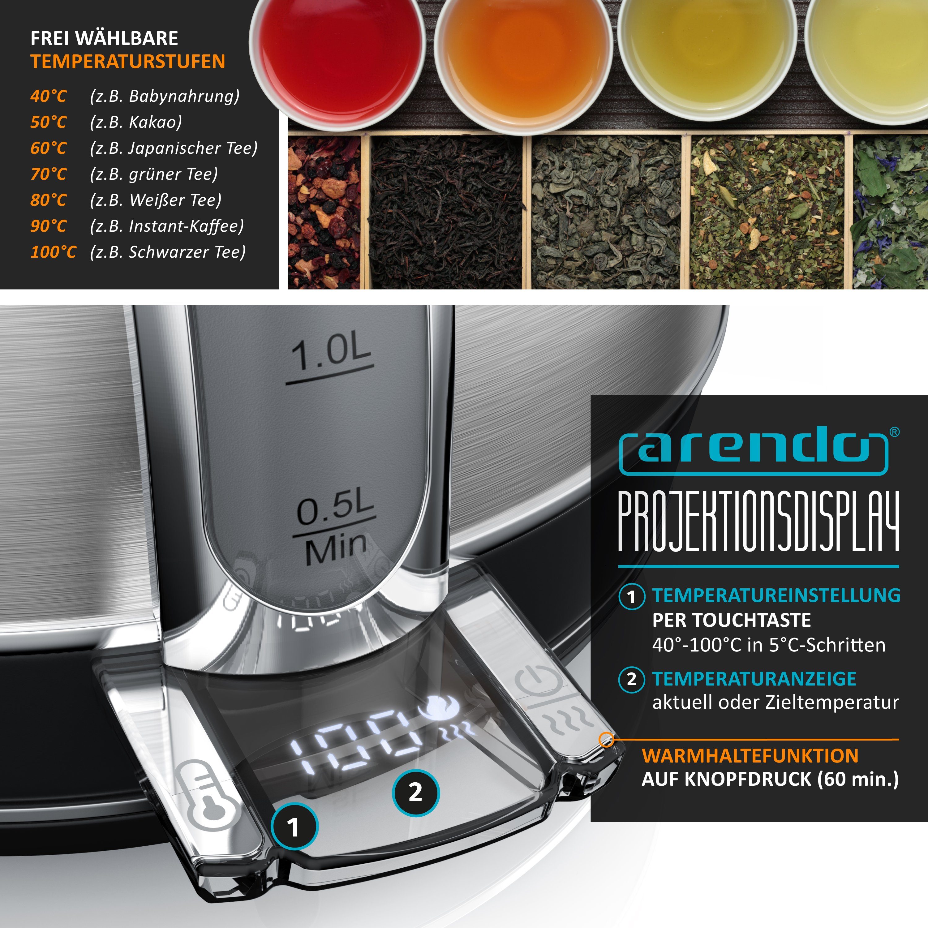 Arendo Wasserkocher Edelstahl Retro Vintage Wasserkessel mit Temperatureinstellung, 1,7 l, 2200 W, LED Anzeige mit Touch Panel, Warmhaltefunktion, Zwischenmessung