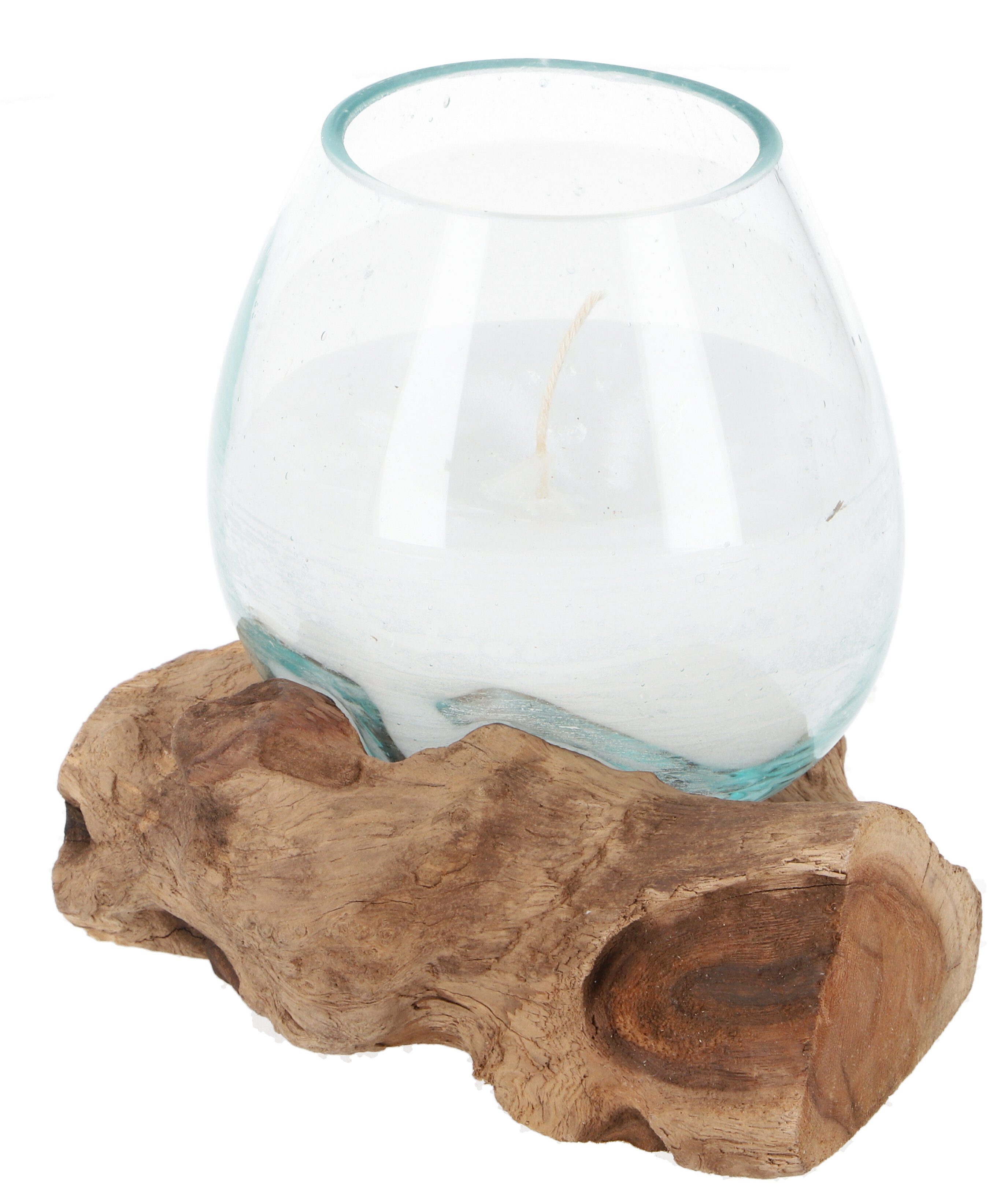 Windlicht Wurzelholzvase mit Kerze, Teelichtglas aus..