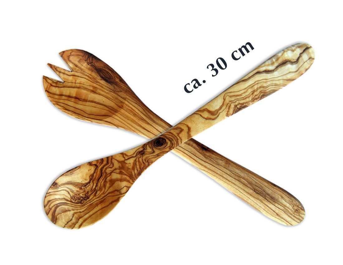Olivenholz-erleben Salatbesteck Mittel aus naturbelassenem Olivenholz (Set, 2-tlg., Gabel, Löffel), Länge 30 cm, Naturprodukt, geschmacksneutral