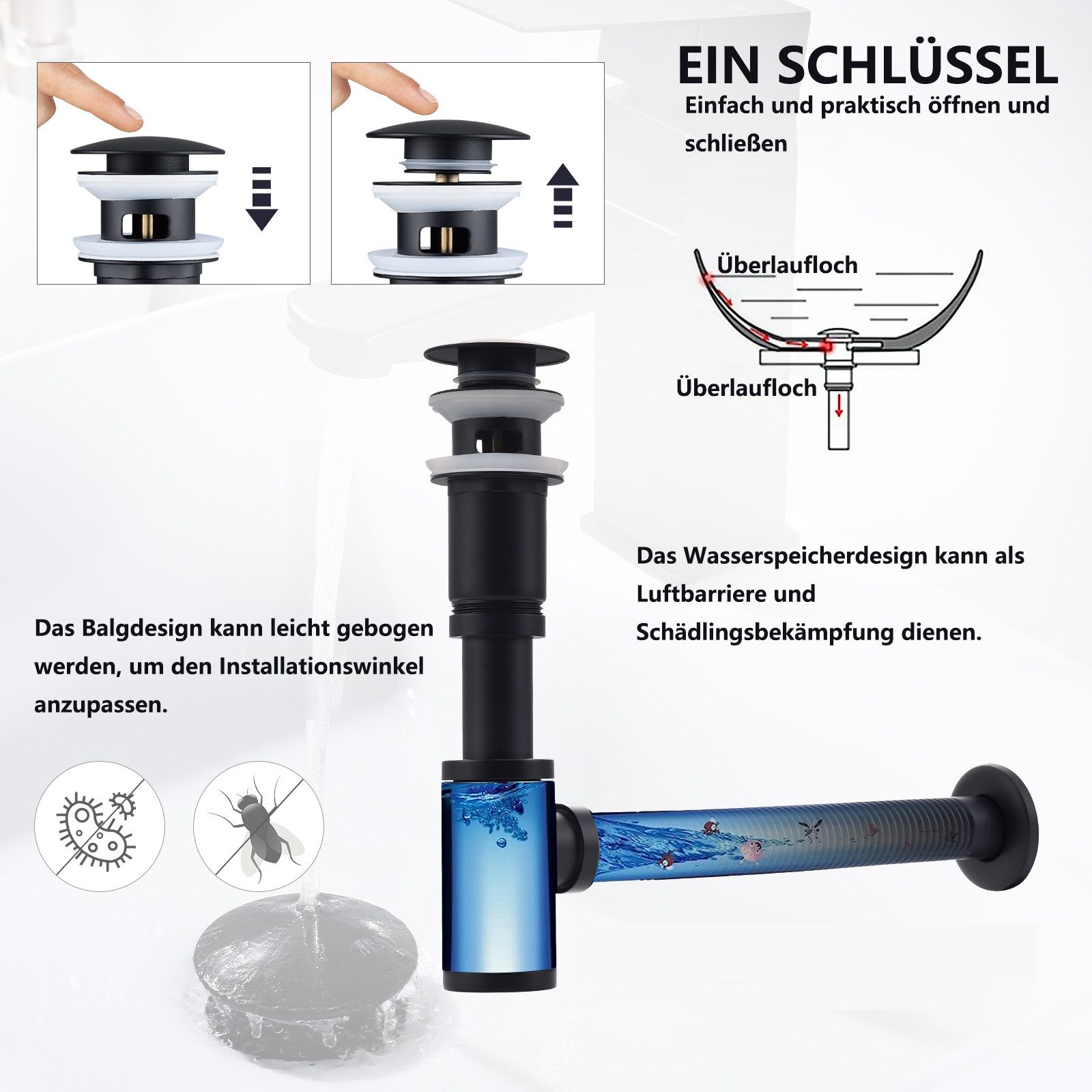 HOMELIVE Ablaufgarnitur Siphon Pop Up Ablaufgarnitur mit Überlauf Universal Röhrensiphon Set (Röhrensiphon Set für Waschbecken Waschtisch Bad) Geruchsverschluss – Bild 5 von 5