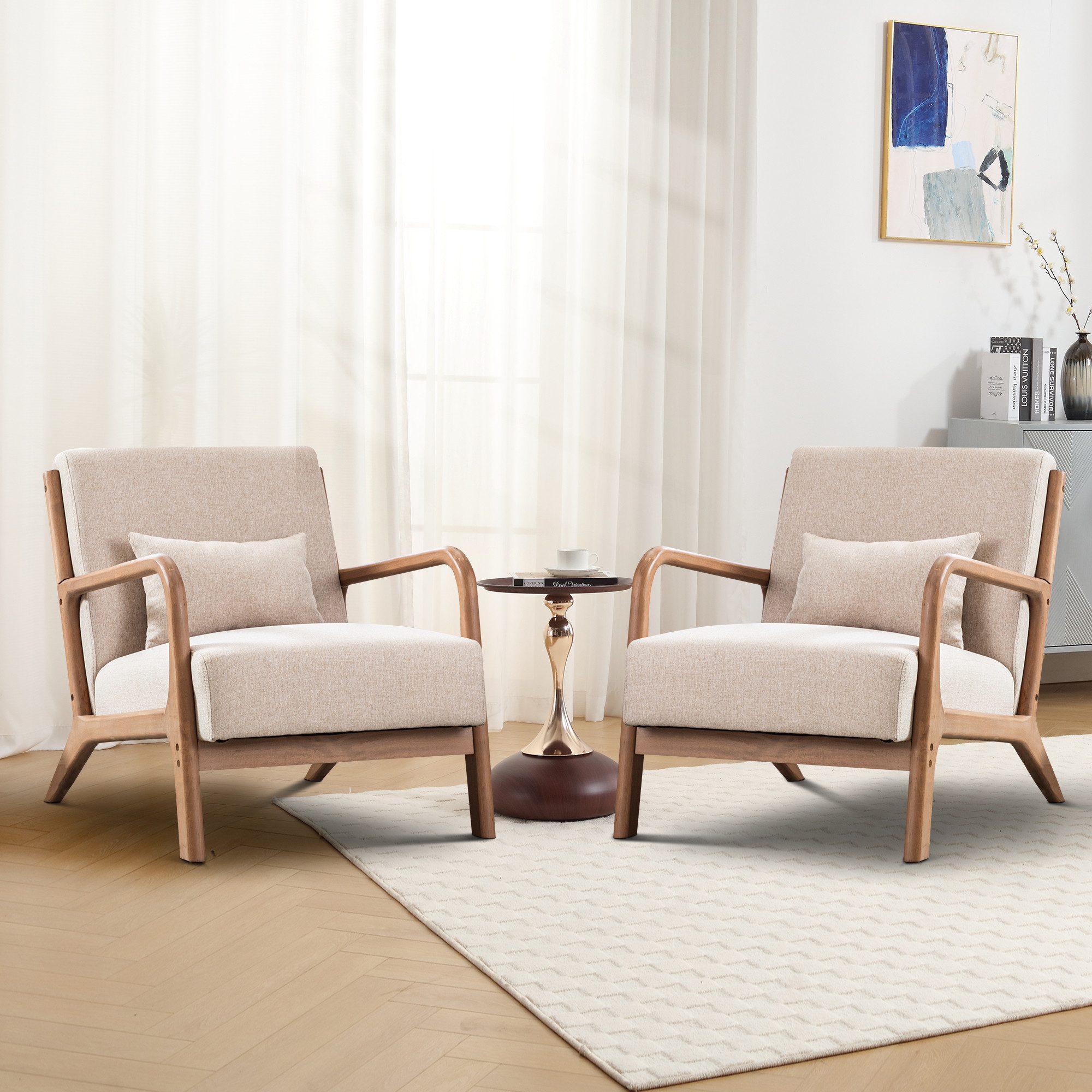CANMOV Relaxsessel Accent Sessel mit Kissen, Loungesessel mit Armlehnen, Einzelsessel (2-St), Natürliches Holz, Liegestuhl mit Armlehne und Kissen, für Wohnzimmer