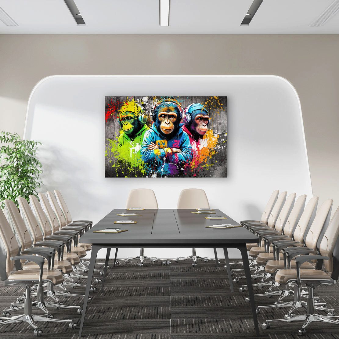 Artedinoi Leinwandbild Drei Affen mit Kopfhörern bunt Street Art Leinwandbild Wandbild XXL, Affen mit Kopfhörern