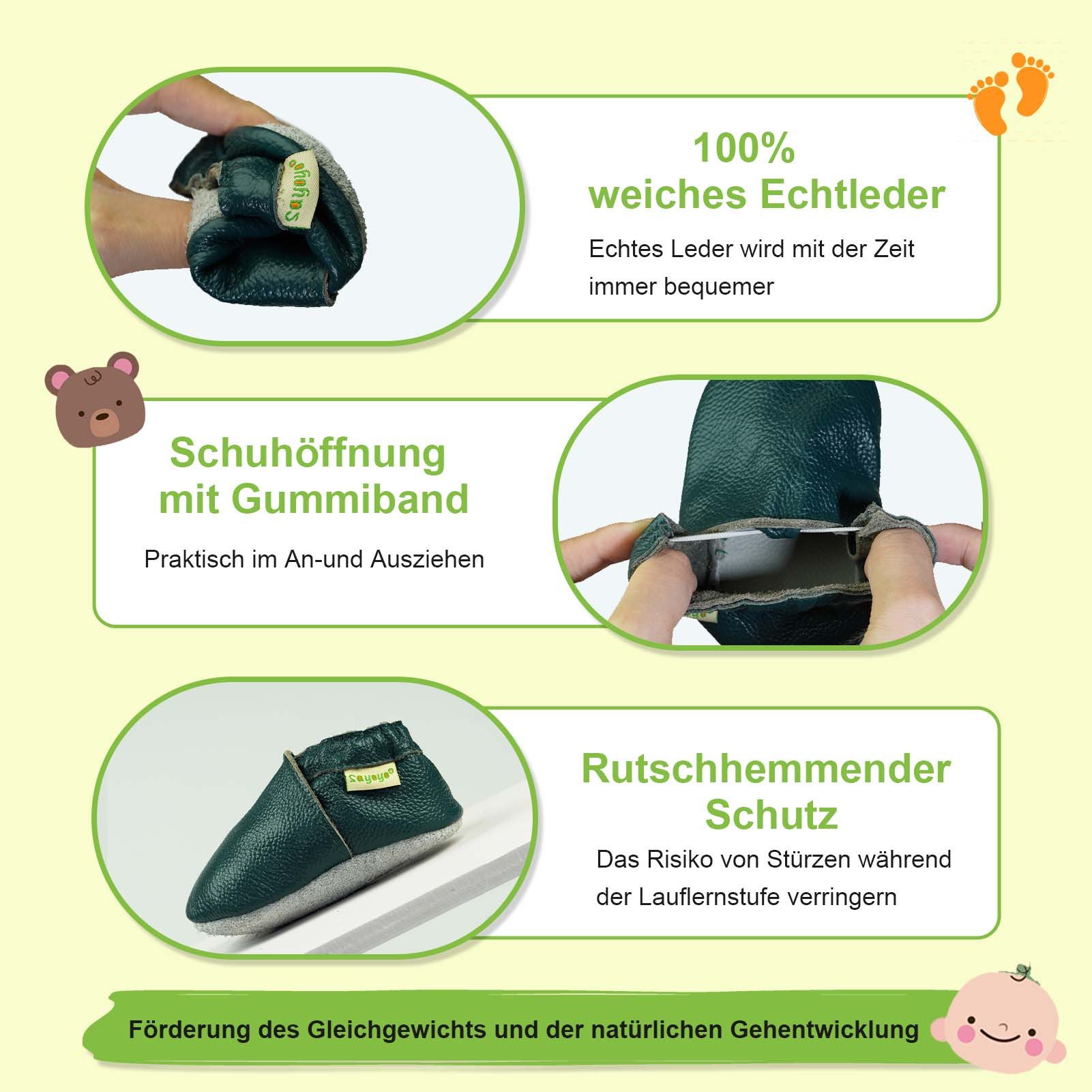 Sayoyo Weiche Leder Lauflernschuhe Hausschuhe Lederpuschen dunkelgrün Lauflernschuh (Handgenäht, weiche, leichte, flexible, rutschfest) 100 % echtes Leder