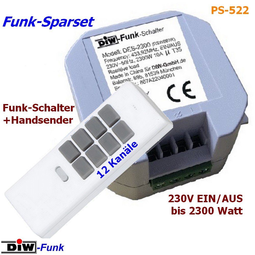 Licht-Funksteuerung mit 1 DHS-12, PS-522 Handsender Schaltkontakte, Sparset 1-tlg. DIW-Funk DIW-Funk