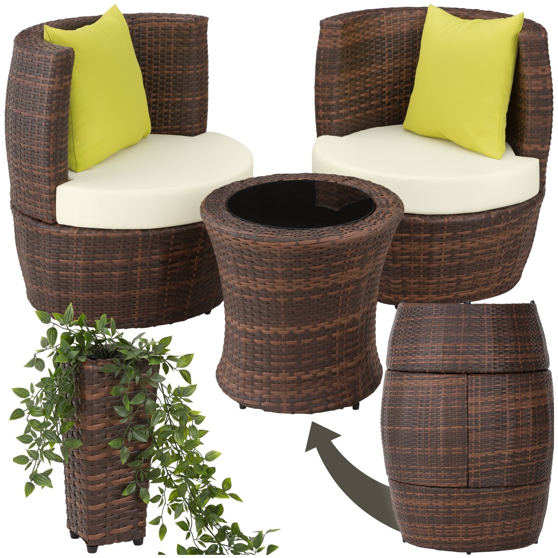 tectake Sitzgruppe Aluminium Rattan Gartenlounge, stapelbar, mit Sicherheitsglasplatte, (Loungeset Nizza, 4-tlg., für Außen in Schwarz/Braun), wetterfest und UV-beständig, gepolstert, inklusive Vase und Kissen