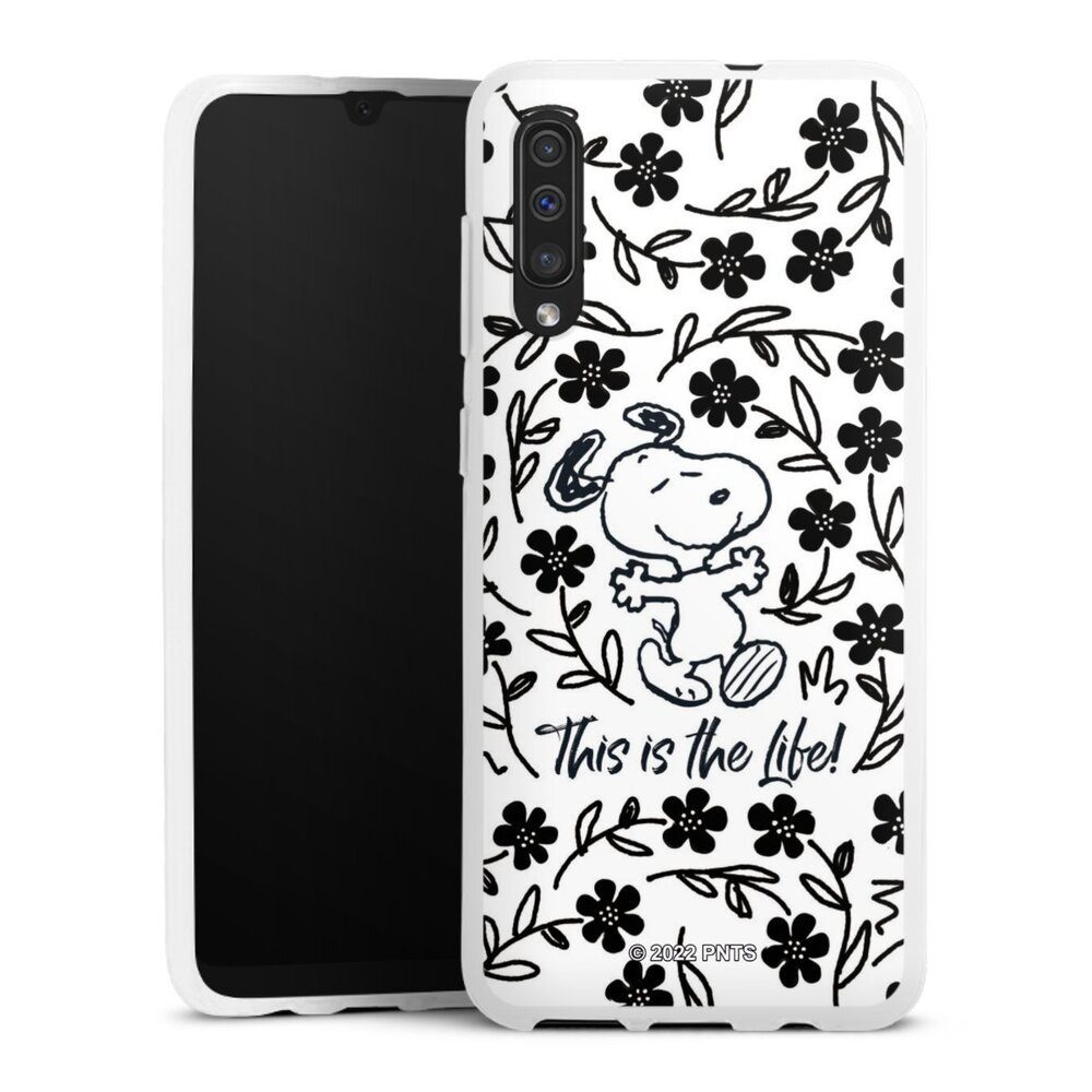 DeinDesign Handyhülle Peanuts Blumen Snoopy Snoopy Black and White This Is The Life, Samsung Galaxy A50 Silikon Hülle Bumper Case Handy Schutzhülle