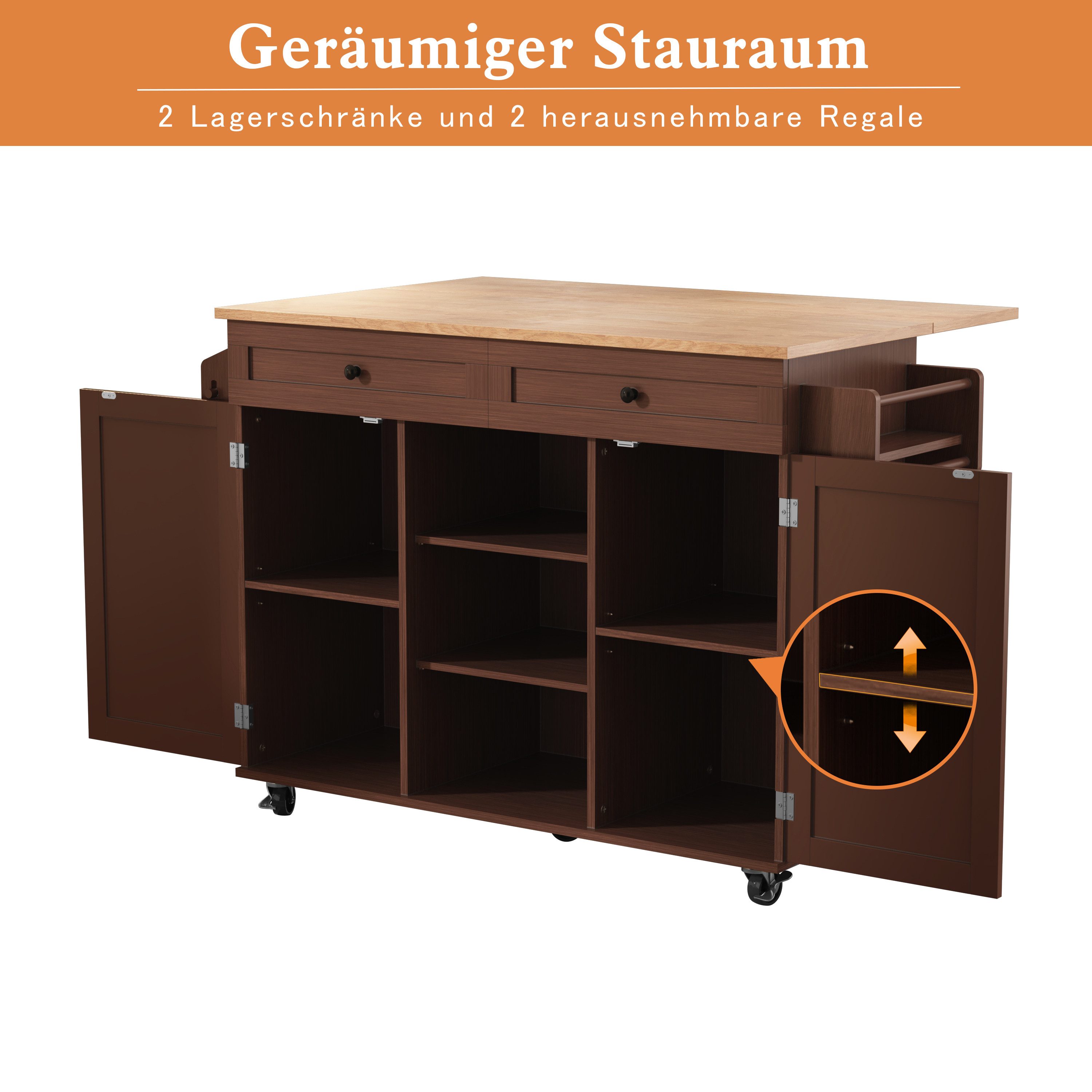 HOLTICO Küchenwagen mit abklappbarer Arbeitsplatte, Kücheninsel auf Rädern, (Praktische Kücheninsel mit Klapptisch & 360° drehbaren Rollen – Stauraum., 1 St), Kücheninsel-Tisch mit Lagerungsschrank und Turmregal