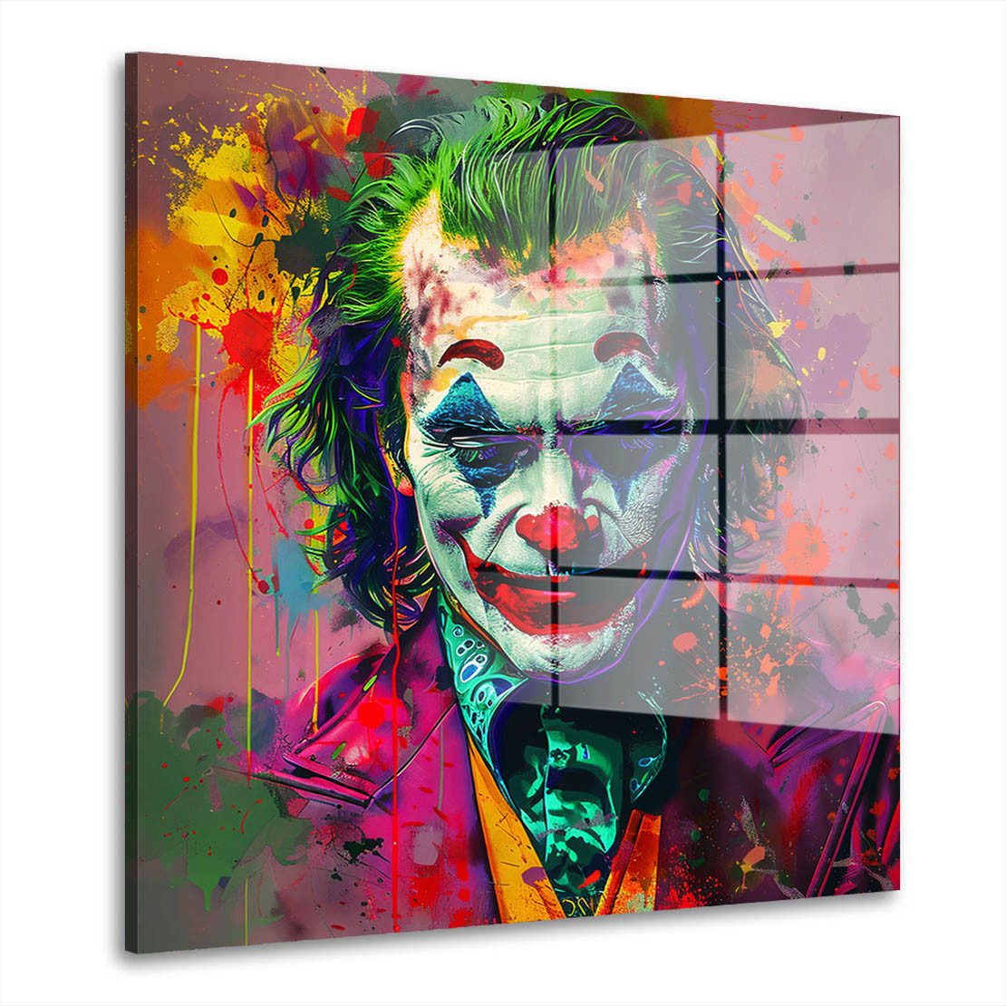 Artedinoi Acrylglasbild Joker Neon Acrylglasbild Wandbild Pop Art Comic Porträt Pink Grün XXL, Porträt eines Comic-Bösewichts mit grünem Haar in Neonfarben