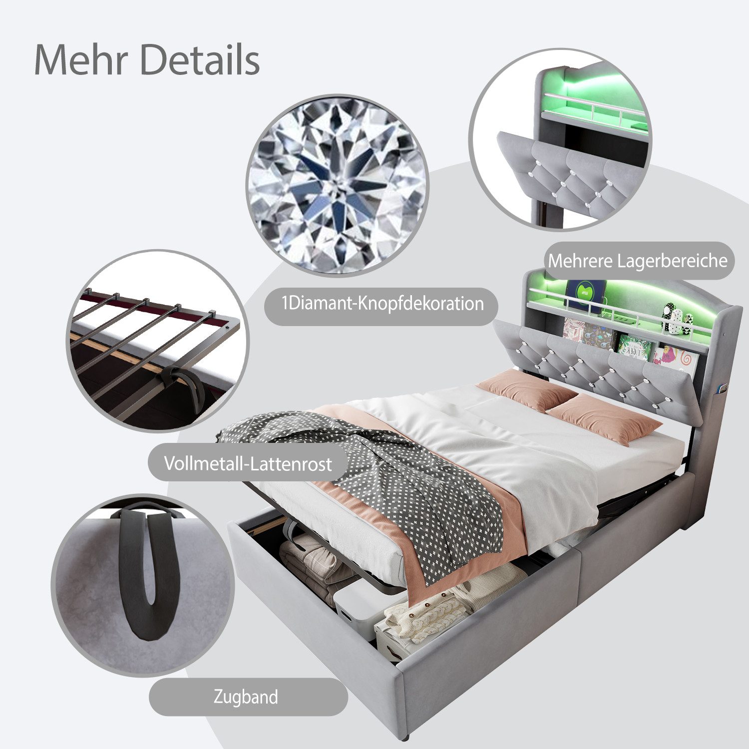 Odikalo Stauraumbett Polsterbett Einzelbett Bettgestell Kopfteil USB Stauraum 90x200 Grau – Bild 4 von 5
